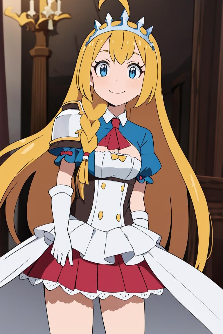 <lora:Alola_Style:0.65>, ((masterpiece,best quality)), absurdres, <lora:pecorine_v1:0.7>, aapeco, very long hair, ahoge, braid, tiara, hair ribbon, red ascot, cleavage, shrug (clothing), shoulder armor, white dress, short sleeves, white gloves, pleated skirt, red skirt,  cowboy shot,  smile,