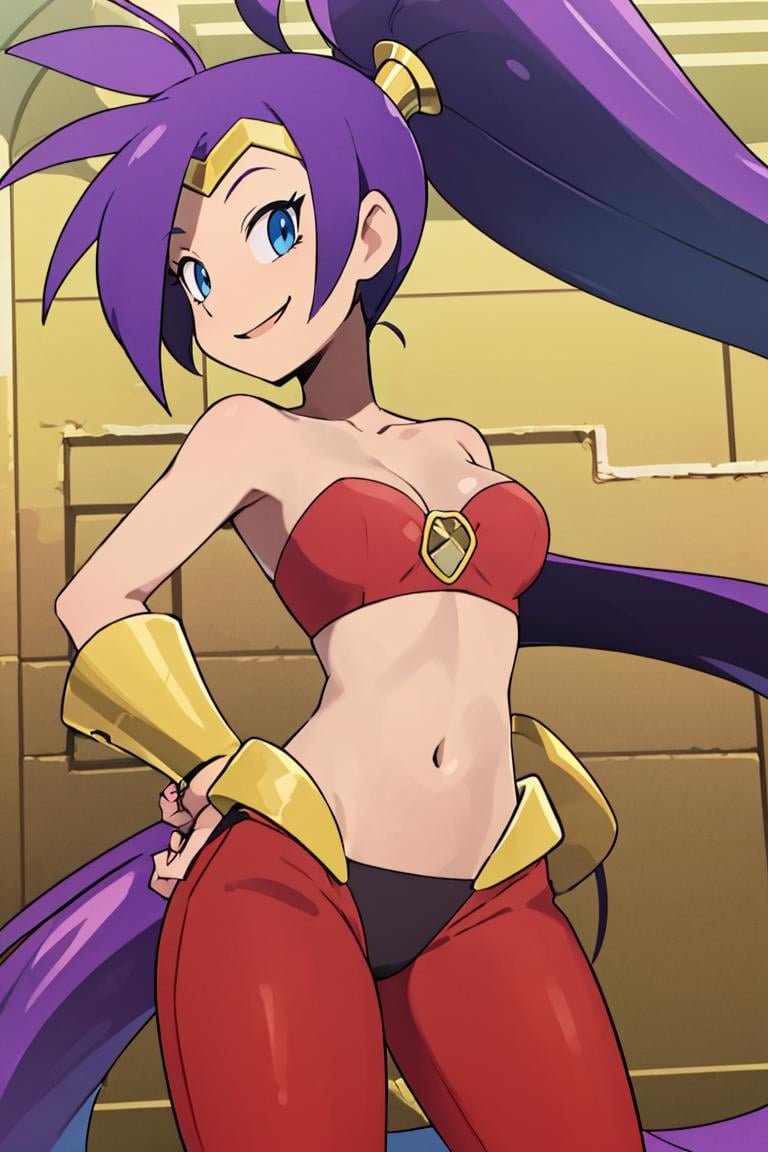 <lora:Alola_Style:0.65>, ((masterpiece,best quality)), absurdres, <lora:Shantae_v2:0.8>, Shantae, harem pants, crop top,  strapless, ponytail,  solo, smiling, looking at viewer, cowboy shot, contrapposto, hand on hip,