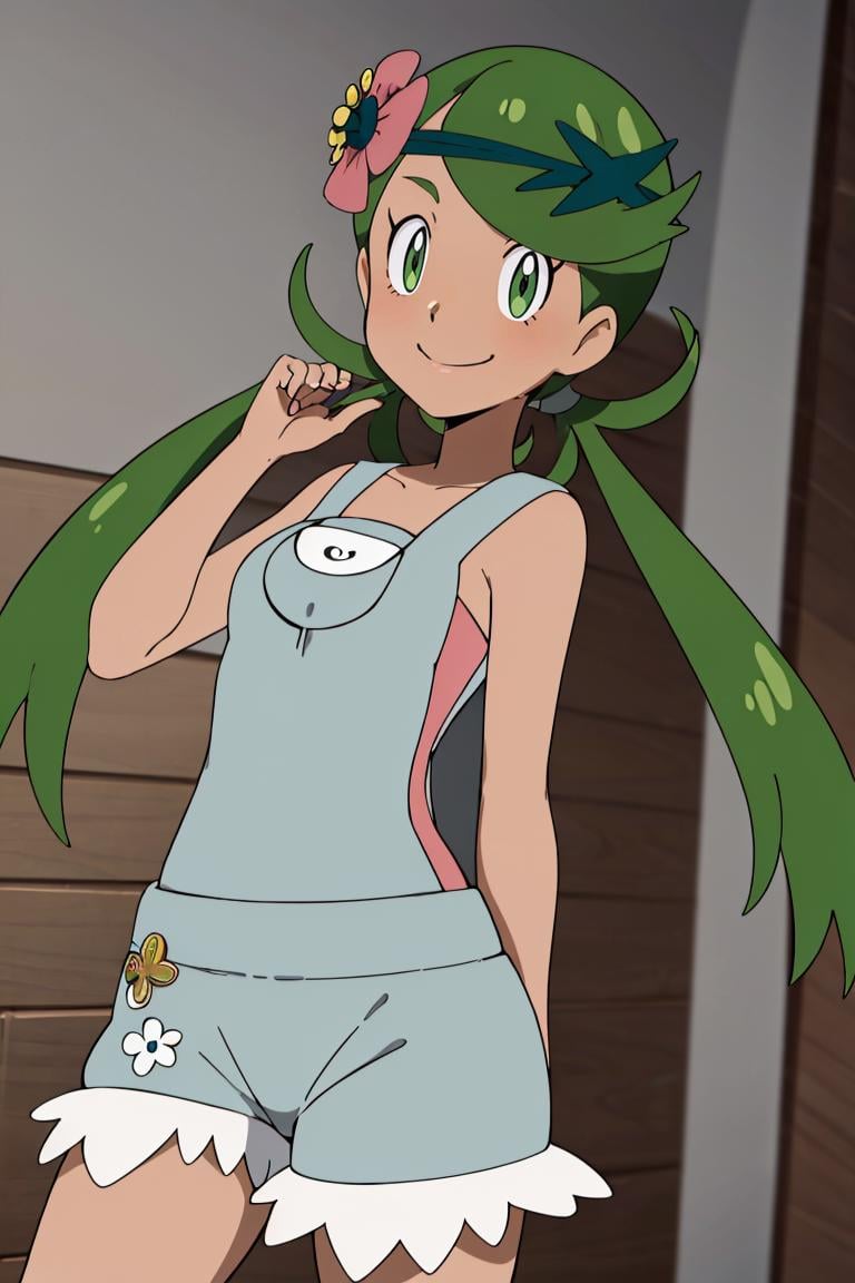 <lora:Alola_Style:0.65>, ((masterpiece,best quality)), absurdres, <lora:Mallow-10:0.8>, mallow,  pink shirt, grey shorts, grey overalls, smile, trial badge, hairband, hair flower, green eyes, solo, smiling, looking at viewer, cowboy shot,  cinematic composition,