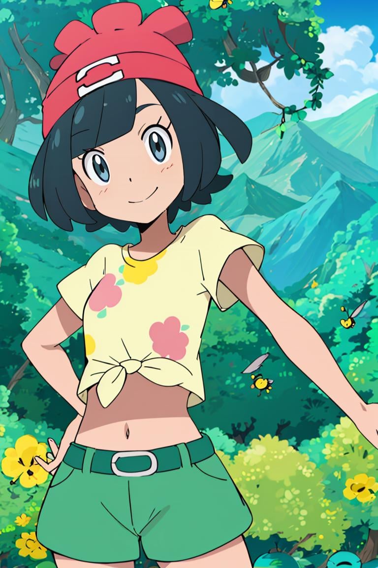 <lora:Alola_Style:0.7>, ((masterpiece,best quality)), absurdres,  <lora:selene_(pokemon)_v1:0.7>,  selene \(pokemon\), solo, grey eyes, black hair, green shorts, red headwear, beanie, shirt, tied shirt, floral print, short hair, short sleeves, short shorts, striped, yellow shirt, belt, midriff,  solo, smiling, looking at viewer, cowboy shot,  ,