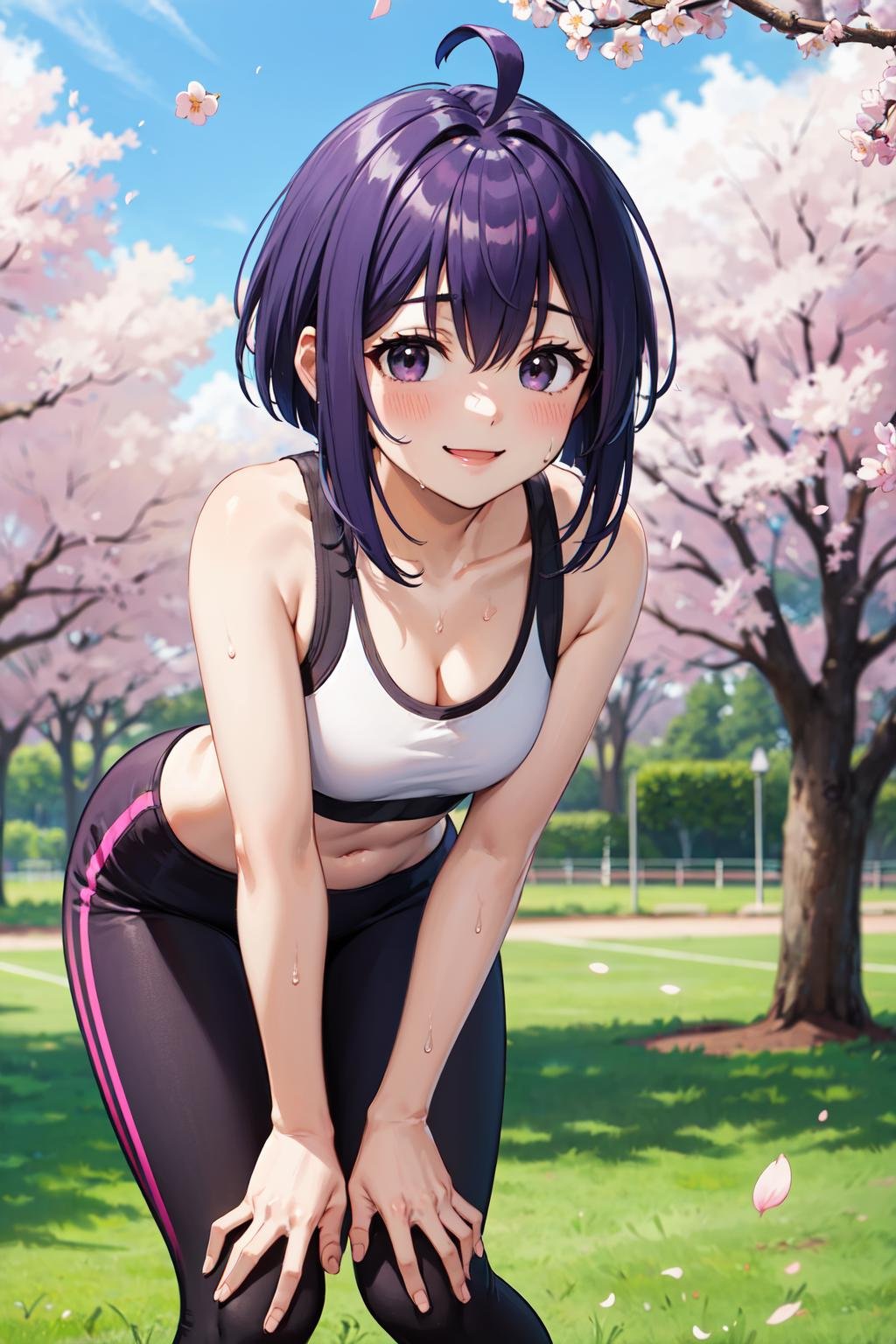 masterpiece,best quality,highres,ultra-detailed,aanodoka,1girl,black eyes,purple hair,short hair,ahoge,<lora:miyazaki_nodoka:0.7>,sports bra,leggings,outdoors,cherry blossoms,smile,sweat,leaning forward,hands_on_own_knees,