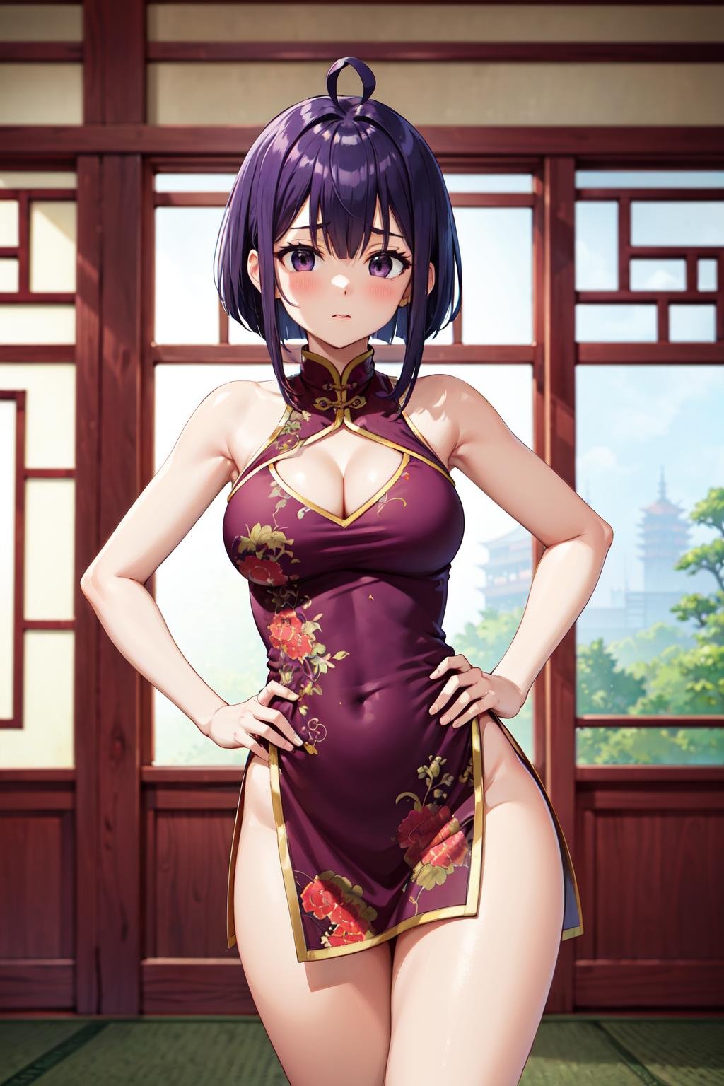 masterpiece,best quality,highres,ultra-detailed,aanodoka,1girl,black eyes,purple hair,short hair,ahoge,<lora:miyazaki_nodoka:0.7>,bare shoulders,china dress,chinese clothes,short dress,cleavage cutout,sideboob,thighs,hands_on_hips,furrowed_brow,indoors,