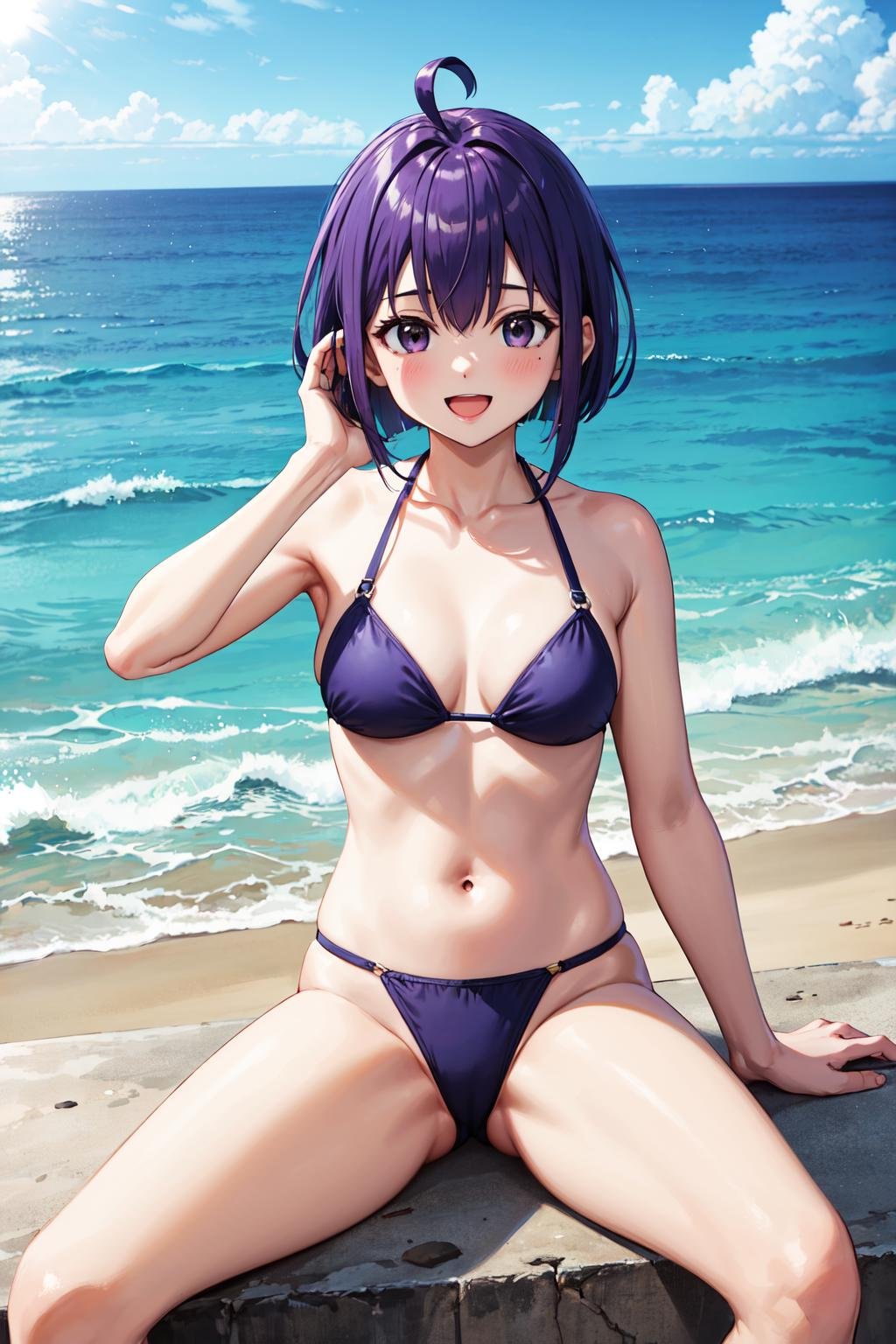 masterpiece,best quality,highres,ultra-detailed,aanodoka,1girl,black eyes,purple hair,short hair,ahoge,<lora:miyazaki_nodoka:0.7>,ocean,bikini,sitting,:d,