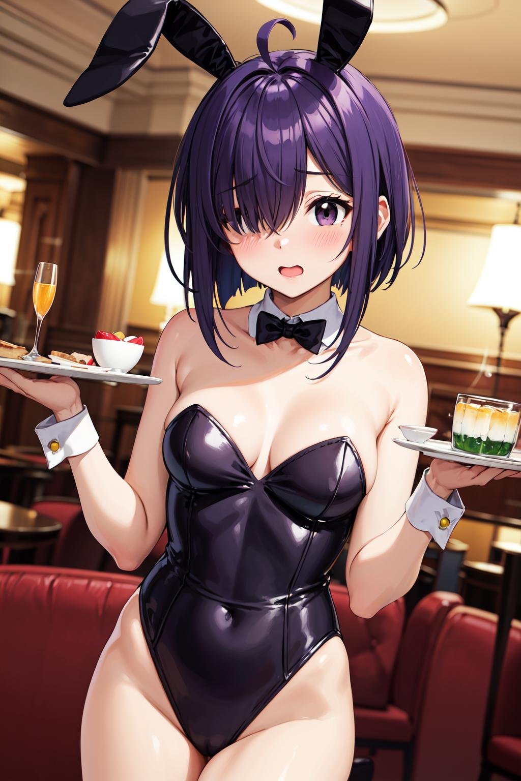 masterpiece,best quality,highres,ultra-detailed,aanodoka,1girl,black eyes,purple hair,short hair,ahoge,hair over one eye,<lora:miyazaki_nodoka:0.7>,rabbit ears,playboy bunny,casino,holding tray,embarrassed,blush,standing,