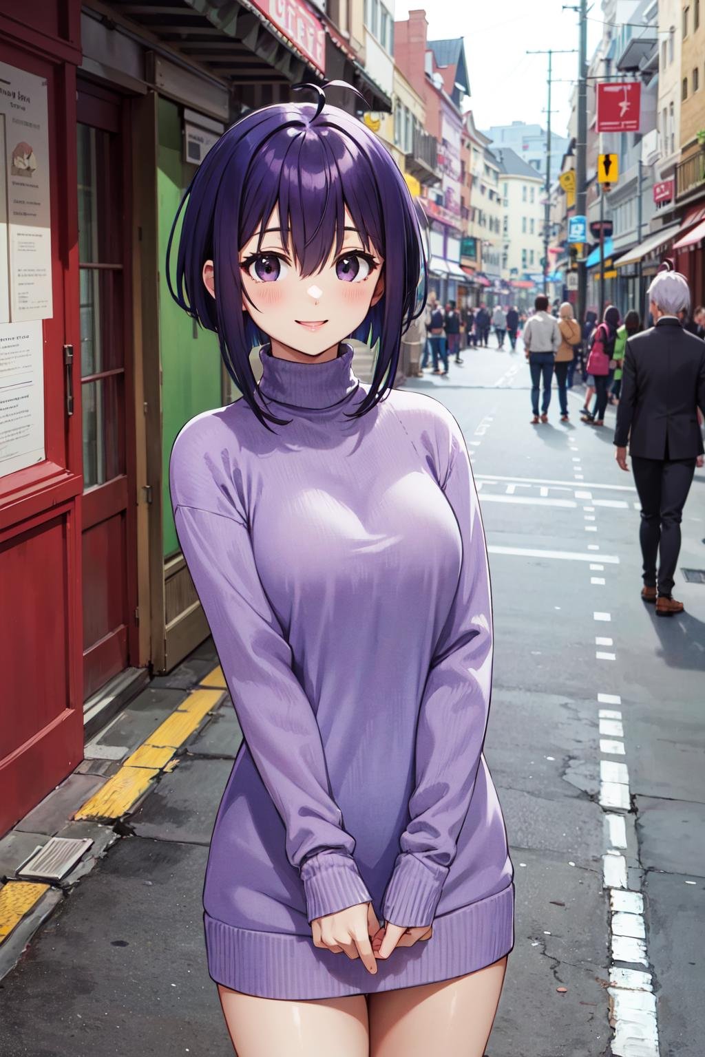 masterpiece,best quality,highres,ultra-detailed,aanodoka,1girl,black eyes,purple hair,short hair,ahoge,<lora:miyazaki_nodoka:0.7>,(sweater:1.2),turtleneck,street,smile,standing,