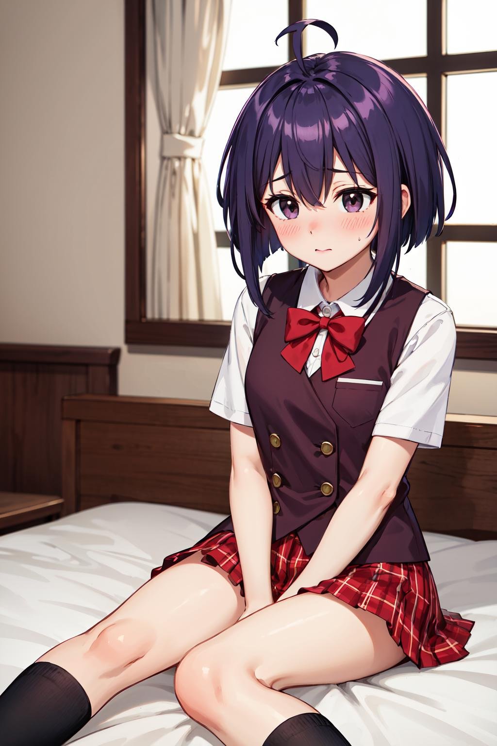 masterpiece,best quality,highres,ultra-detailed,aanodoka,1girl,black eyes,purple hair,short hair,ahoge,school uniform,red bowtie,red vest,white shirt,short sleeves,plaid skirt,socks,black socks,<lora:miyazaki_nodoka:0.7>,indoors,sitting,bed,blush,embarrass,night,