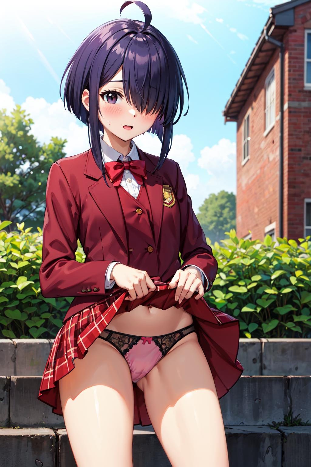 masterpiece,best quality,highres,ultra-detailed,bbnodoka,1girl,black eyes,purple hair,short hair,ahoge,hair over one eye,school uniform,red bowtie,red jacket,blazer,long sleeves,red vest,collared shirt,plaid skirt,socks,black socks,loafers,<lora:miyazaki_nodoka:0.8>,(skirt lift:1.4),(panties:1.2),blush,(embarrass:1.2),outdoors,garden,