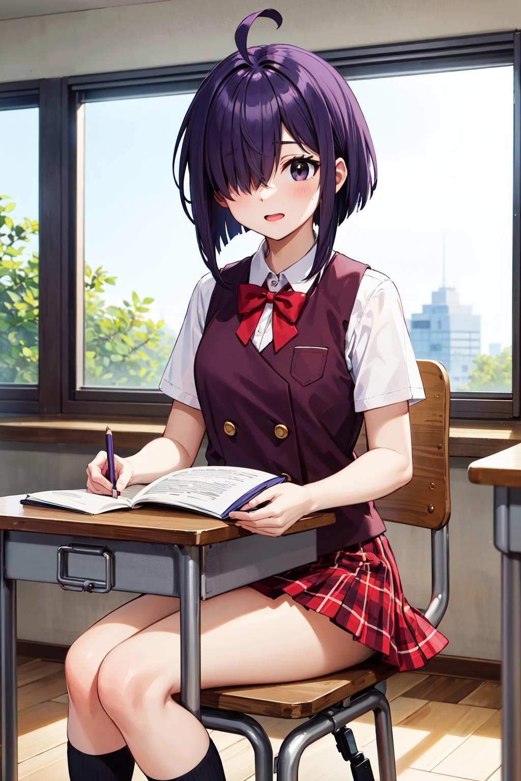 masterpiece,best quality,highres,ultra-detailed,aanodoka,1girl,black eyes,purple hair,short hair,ahoge,hair over one eye,school uniform,red bowtie,red vest,white shirt,short sleeves,plaid skirt,socks,<lora:miyazaki_nodoka:0.7>,indoors,sitting,desk,chair,classroom,(studying:1.2),