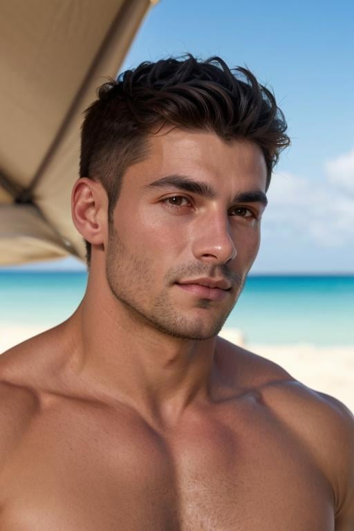 Michele Morrone , hunk,  muscle,  close up shot,  looking at viewer,  simple beach background,  closed mouth,  upper body,  shirtess,  face focus,  difuse light