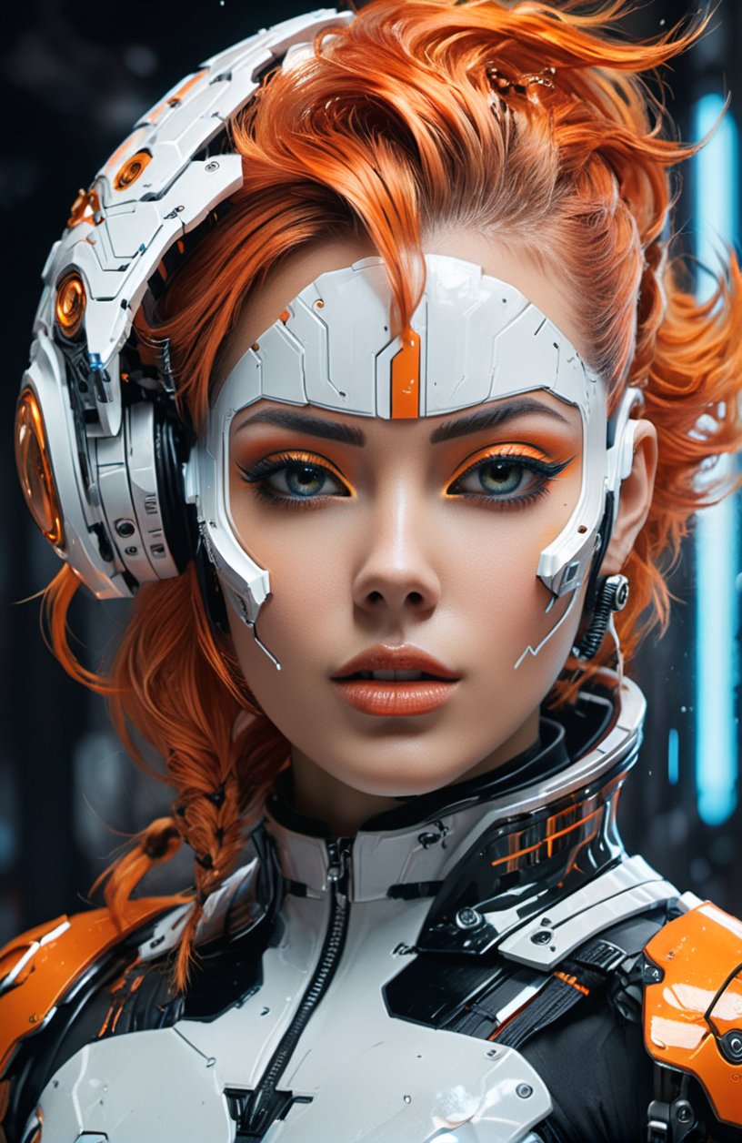 (Digital art:1.2), (close-up portrait), (woman in orange and white costume), (Mike Winkelmann-inspired style:1.3), (winner of ZBrush Central contest), (futuristic poster), (aetherpunk airbrush digital art:1.3), (perfect android girl family:1.2), (beautiful futuristic hair style), (trending on ArtStation:1.1), (meticulously detailed), (vibrant color palette), (ethereal atmosphere), (intricate costume design)
,机甲,cyborg style