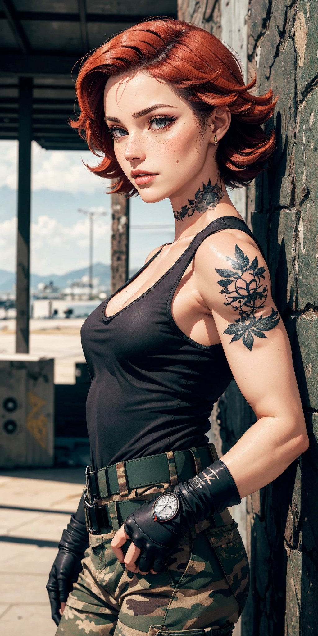 masterpiece,best quality,High quality,meryl, red hair, picture perfect face,blush, freckles,makeup,long eyelashes, perfect female body, black tank top,belt, camouflage pants, fingerless gloves,
military arm tattoo, dogtag,
military base, 