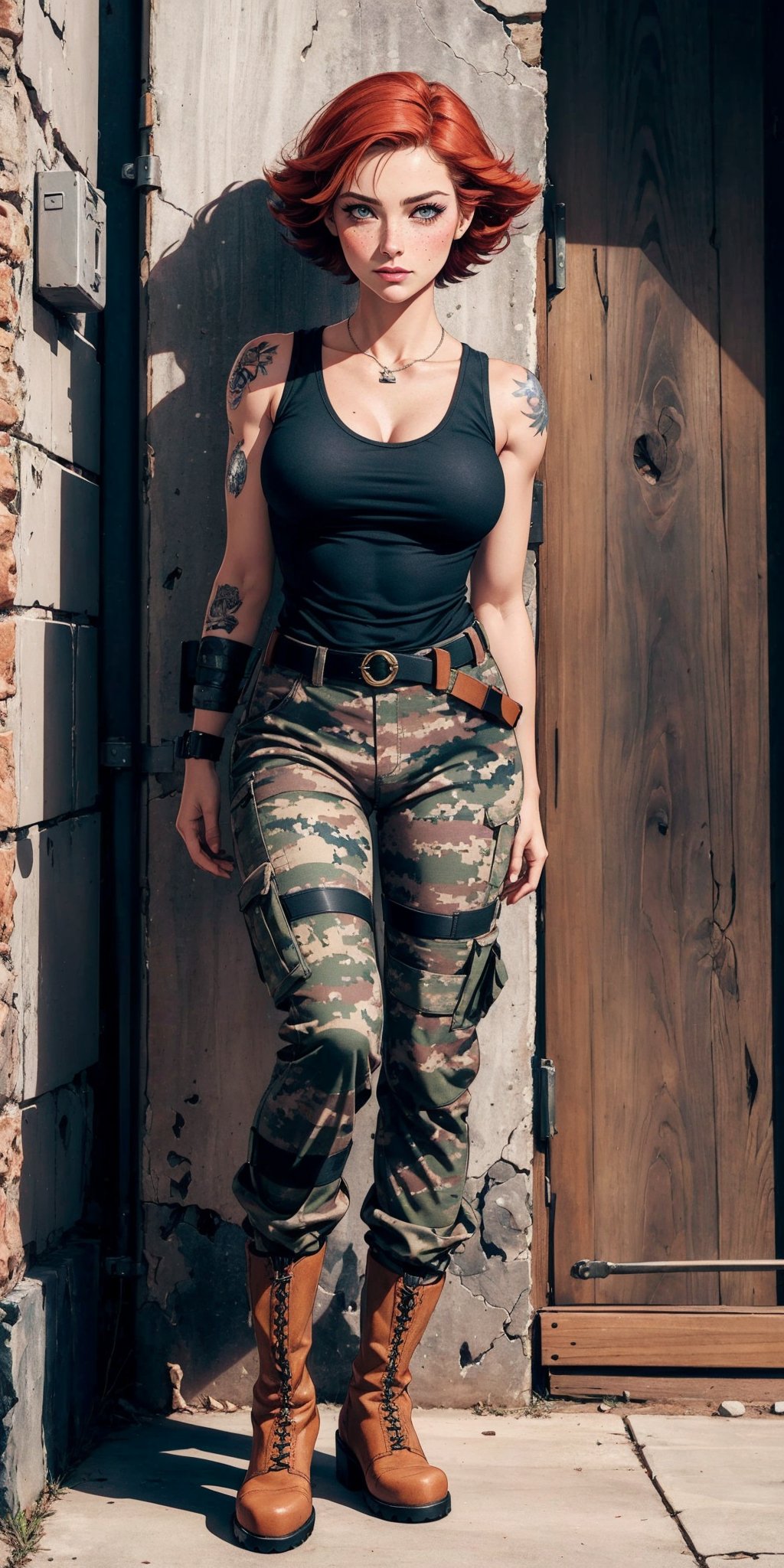 masterpiece,best quality,High quality,meryl, red hair, picture perfect face,blush, freckles,makeup,long eyelashes, perfect female body, black tank top,belt, camouflage pants, cobat boots, military arm tattoo, dogtag,
military base, 