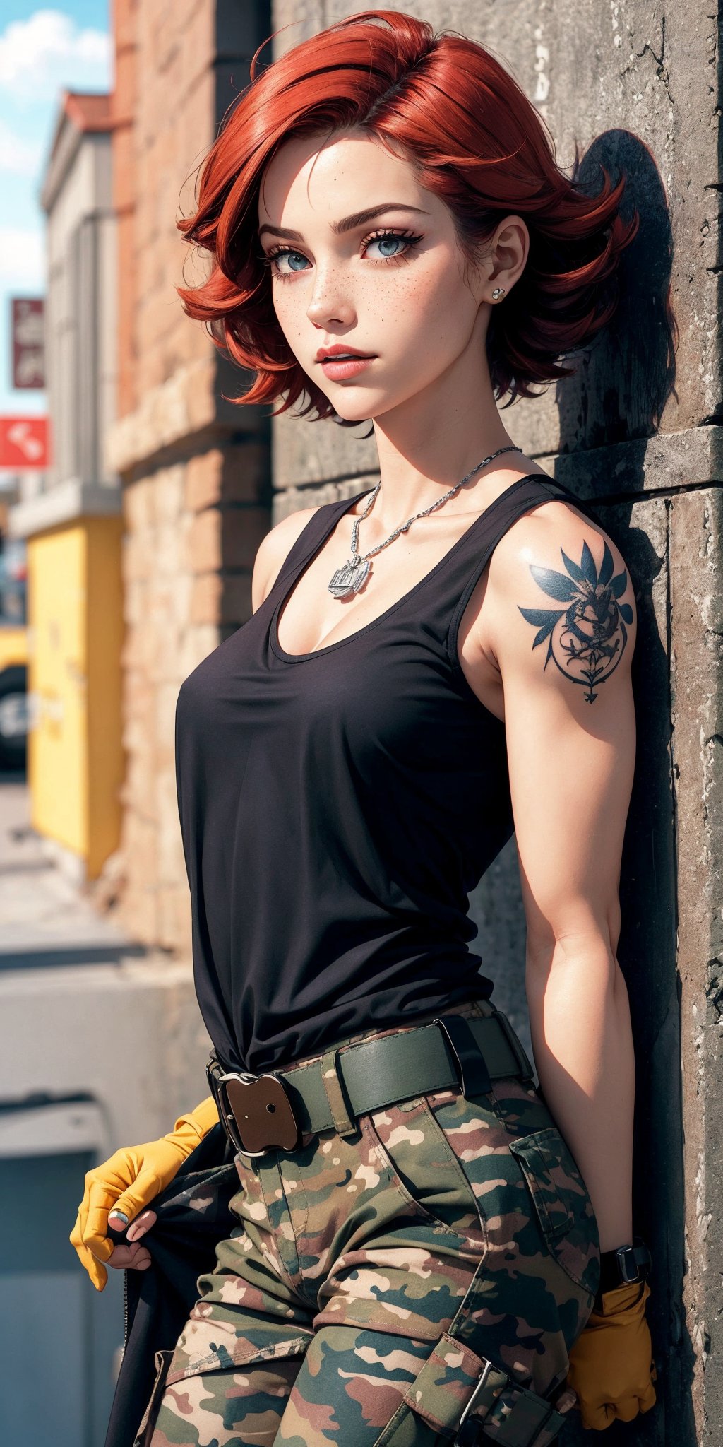 masterpiece,best quality,High quality,meryl, red hair, picture perfect face,blush, freckles,makeup,long eyelashes, perfect female body, black tank top,belt, camouflage pants, 
military arm tattoo, dogtag,
military base, 
