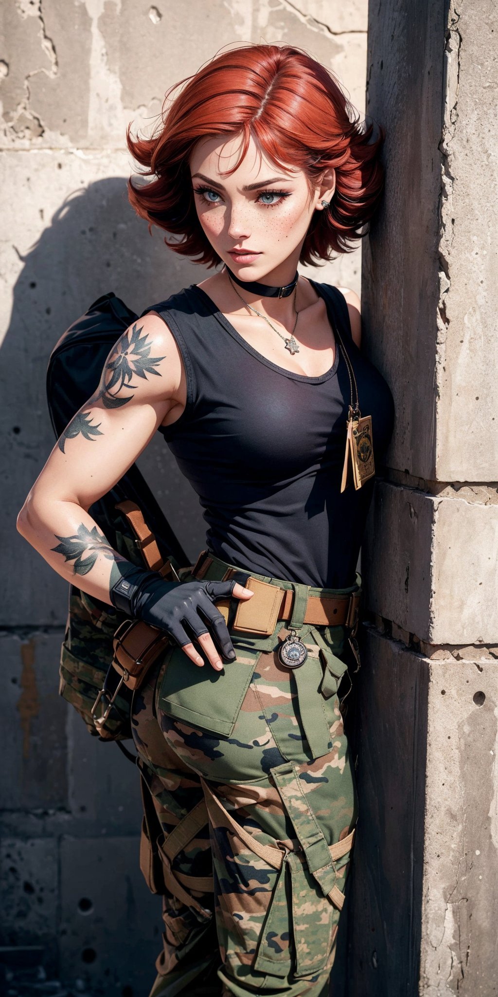 masterpiece,best quality,High quality,meryl, red hair, picture perfect face,blush, freckles,makeup,long eyelashes, perfect female body, black tank top,belt, camouflage pants, fingerless gloves,
military arm tattoo, dogtag,
military base, 