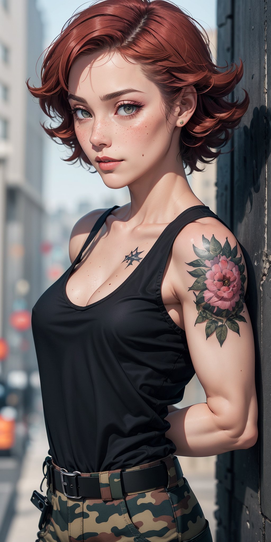 masterpiece,best quality,High quality,meryl, red hair, picture perfect face,blush, freckles,makeup,long eyelashes, perfect female body, black tank top,belt, camouflage pants, military arm tattoo,  