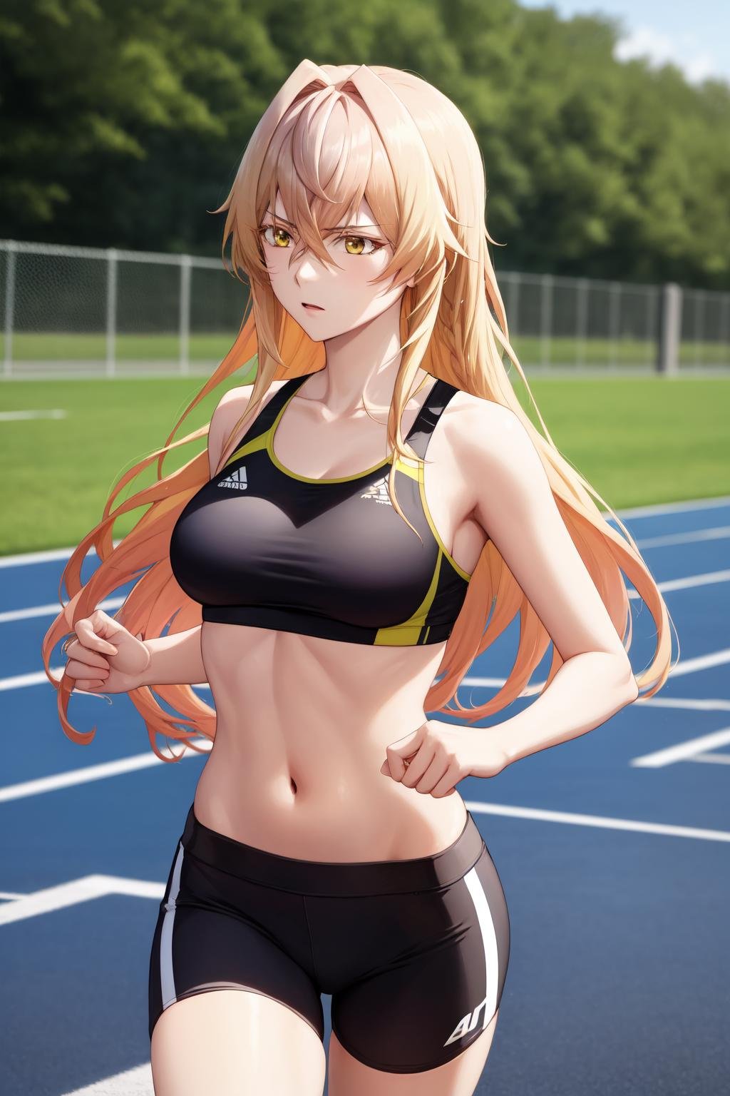 1girl, solo, azest kingscrown,  sports bra, running, midriff, bike shorts, outdoors, <lora:AzestV15:1>, , highres, absurdres,