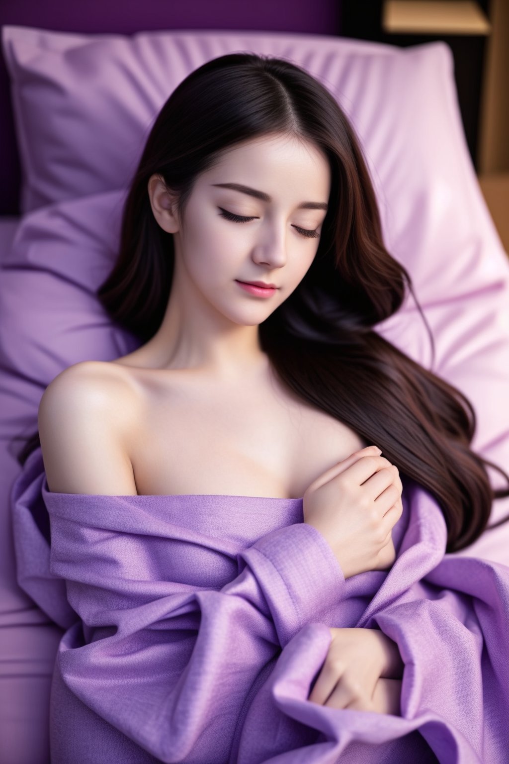 a cute girl , ((sleeping on a bed)), purple pastel pajamas, full body potrait of a photorealistic beautiful woman, complex, 8k resolution, fractal isometrics details bioluminescence, hypereallistic cover photo awesome full color, hand drawn, bright, gritty, realistic, davinci, erte .12k, intricate. hit definition , cinematic, mix of bold dark lines and loose lines, bold lines, on paper , real life human, happiness, mesmerizing face, 

,<lora:659111690174031528:1.0>