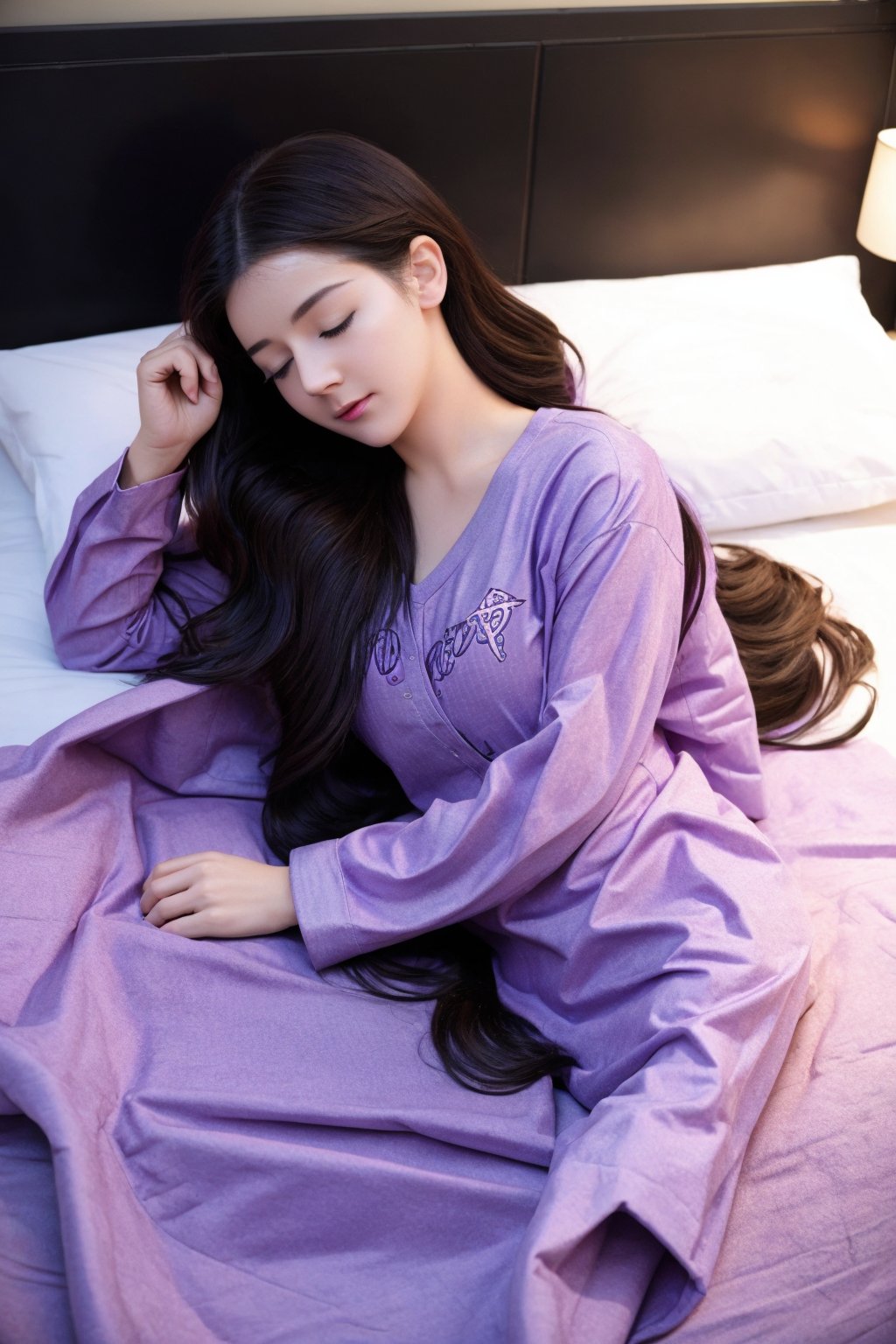 a cute girl , ((sleeping on a bed)), purple pastel pajamas, full body potrait of a photorealistic beautiful woman, complex, 8k resolution, fractal isometrics details bioluminescence, hypereallistic cover photo awesome full color, hand drawn, bright, gritty, realistic, davinci, erte .12k, intricate. hit definition , cinematic, mix of bold dark lines and loose lines, bold lines, on paper , real life human

