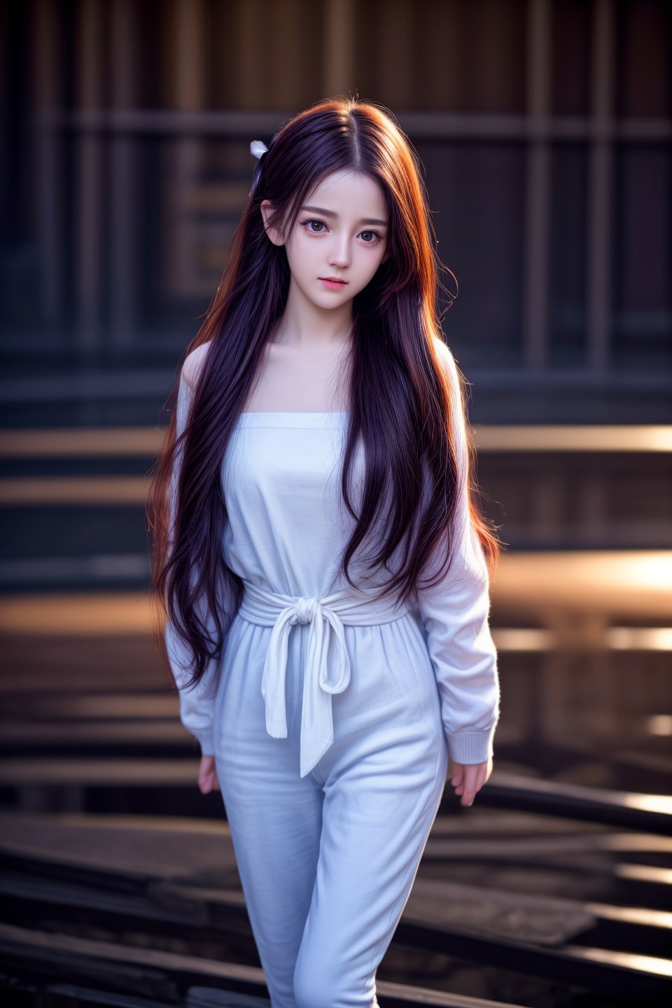 (8k, best quality, masterpiece:1.2),(best quality:1.0), (ultra highres:1.0), a beautiful girl, big eyes, 17 years old, hair ribbons, by agnes cecile, from head to waist, extremely luminous bright design,autumn lights, long hair,  ,,<lora:659111690174031528:1.0>