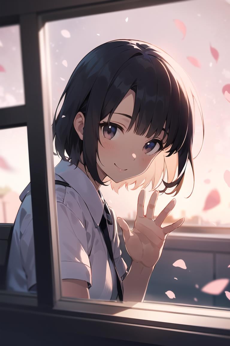 a girl,katou megumi,smile,(out the window:1.2) (outside view:1.1), waving hand,From the third person, fluttering petals, depth of field, blurry, blurry background, bokeh<lora:katou megumi:0.7:sd>  <lora:GoodHands-beta2:1>