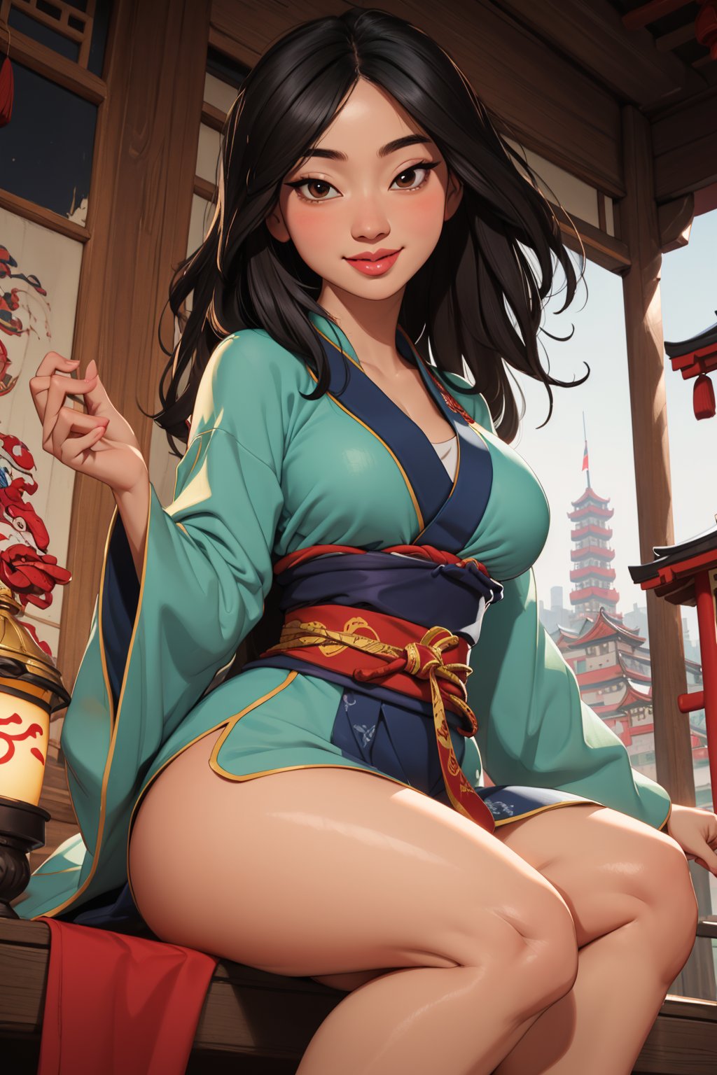   , Highly detailed, Highly detailed, High Quality!, MulanWaifu,japanese clothes, smile, cute, cute pose, looking at viewer, thick thighs, (japanese clothes:1.2), (good eyes:1.0),(dynamic angle:1.2), (dynamic pose) , sensual pose, gigantic_breast, chinese city background,  chinese city