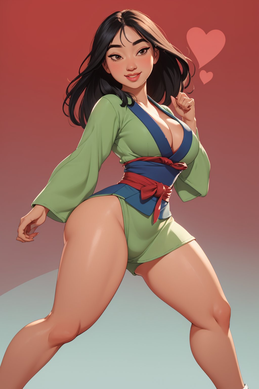   , Highly detailed, Highly detailed, High Quality!, MulanWaifu,japanese clothes, smile, cute, cute pose, looking at viewer, thick thighs, (japanese clothes:1.2), (good eyes:1.0), huge_breast,(dynamic angle:1.2), (dynamic pose), huge_boobs , sensual pose, gigantic_breast, complex_background