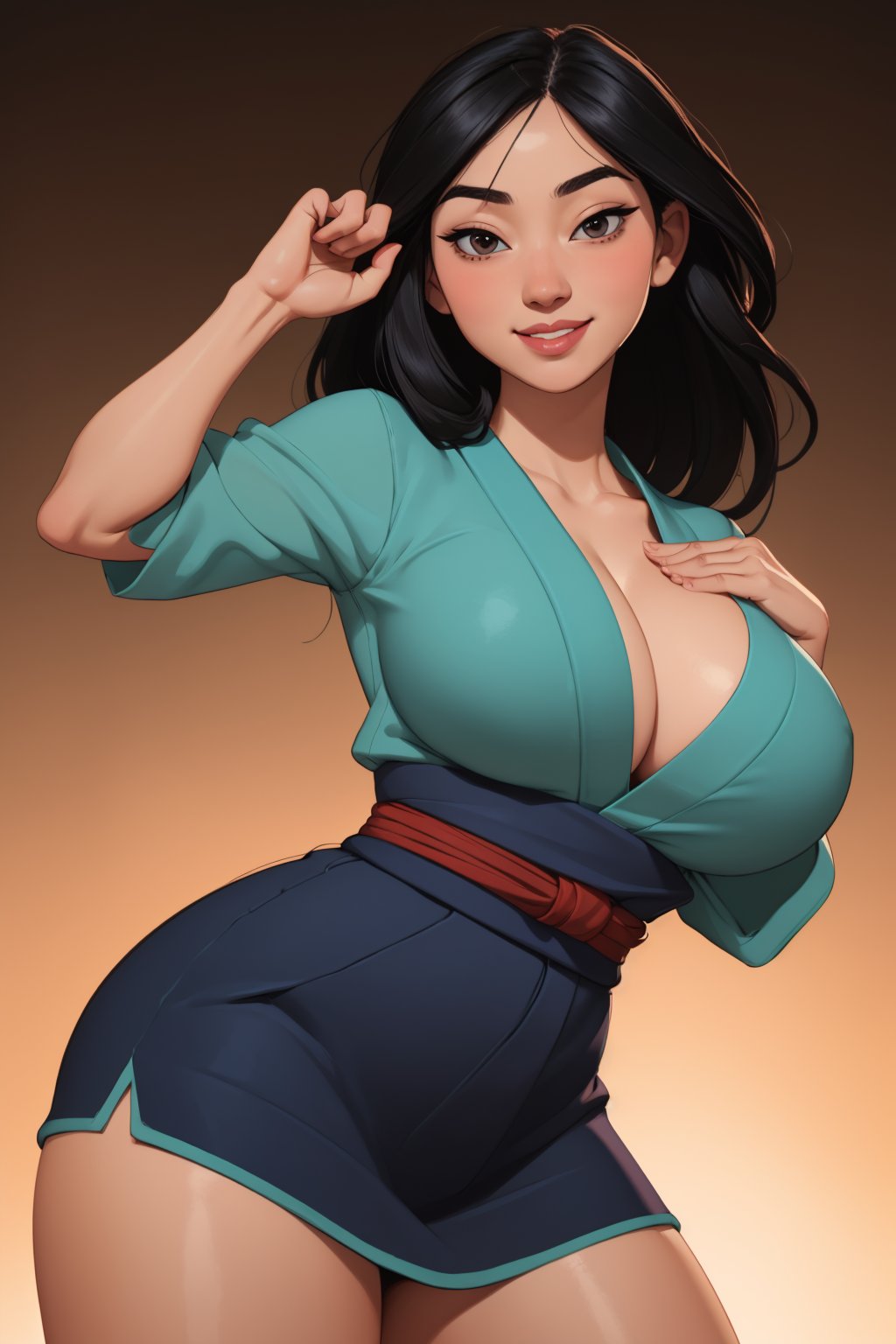  , Highly detailed, Highly detailed, High Quality!, MulanWaifu,japanese clothes, smile, cute, cute pose, looking at viewer, thick thighs, (japanese clothes:1.2), (good eyes:1.0), huge_breast,(dynamic angle:1.2), (dynamic pose:1.2),(Cowboy-shot:1.2), huge_boobs , sensual pose, gigantic_breast