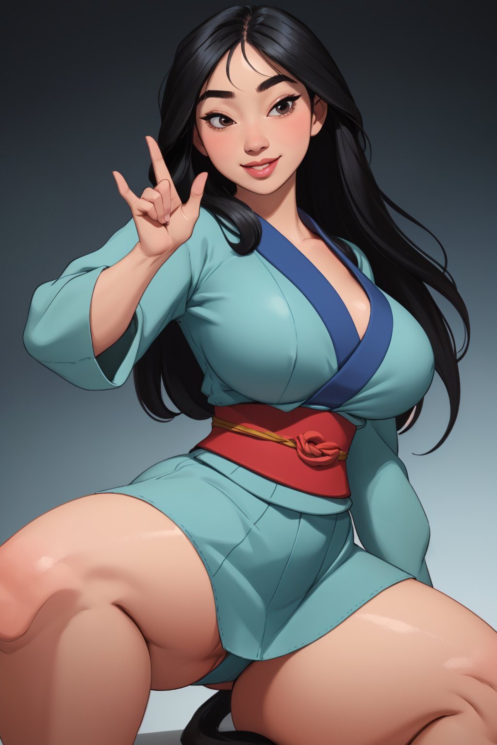   , Highly detailed, Highly detailed, High Quality!, MulanWaifu,japanese clothes, smile, cute, cute pose, looking at viewer, thick thighs, (japanese clothes:1.2), (good eyes:1.0), huge_breast,(dynamic angle:1.2), (dynamic pose), huge_boobs , sensual pose, gigantic_breast, 