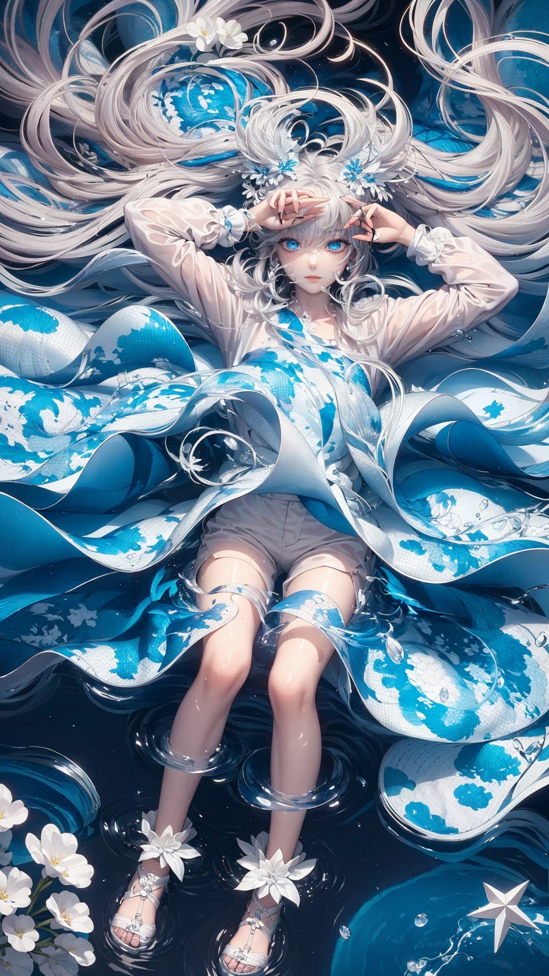 masterpiece,best quality,White Field,1girl,blonde hair,blue eyes,(very long twin tails,looking up),sharp hair,sitting,rocks,river,((reflection,night,star_(sky))), stretch hand, (full body,mid shot,depth of field),(birds),(from above:1.2),dark_blue down coat,bare leg,shorts,(blurry background),backlight
