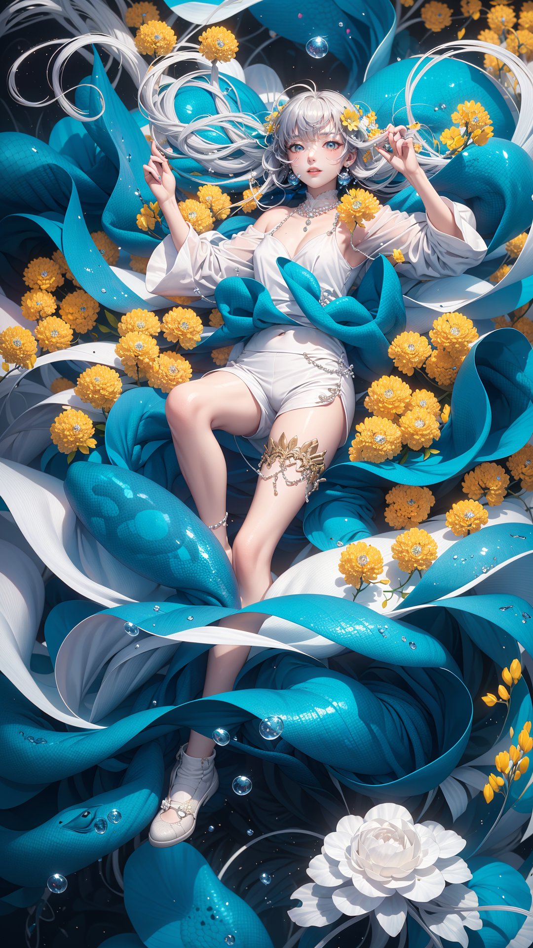 Best quality, (masterpiece: 1.2), (detail: 1.15), whole body, best quality, white field, 1 girl, fish, long hair, solo, white hydrangea, looking at the audience, pink eyes, floating hair, long sleeves, foam, white hair, bubbles, shoes, white shoes, white snakes, corals, smiles, shells, underwater, super long hair, yellow flowers, jellyfish, pearls, orange flowers, white shorts, Orange theme, parted lips, white theme, frogs, animals, hollowed out stockings, white dress

