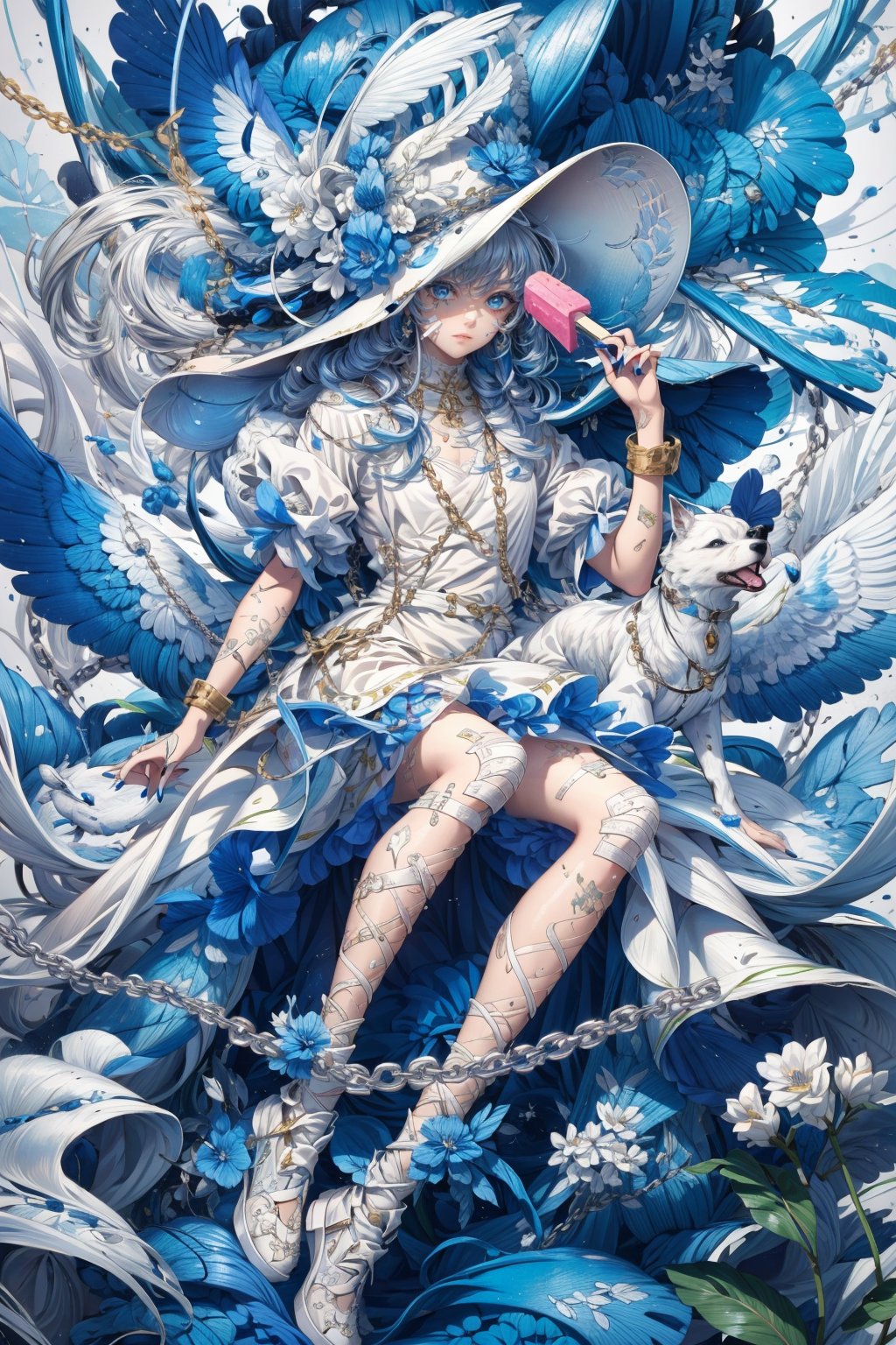  Masterpiece, illustration, 8K wallpaper, super detailed, upper body, 1 girl, white field, blue eyes, blue nails, flower, food, bandaid, blue hair, multicolored hair, hat, chain leash, white dress, popsicle, dress, white footwear, bandaid on arm, leash, solo, white headwear, dog, blue flower, bandaid on leg, sitting, white hair, chain, long hair, holding food, nail polish, holding, hat flower, shoes, sun hat, two-tone hair, looking at viewer, bandaid on hand