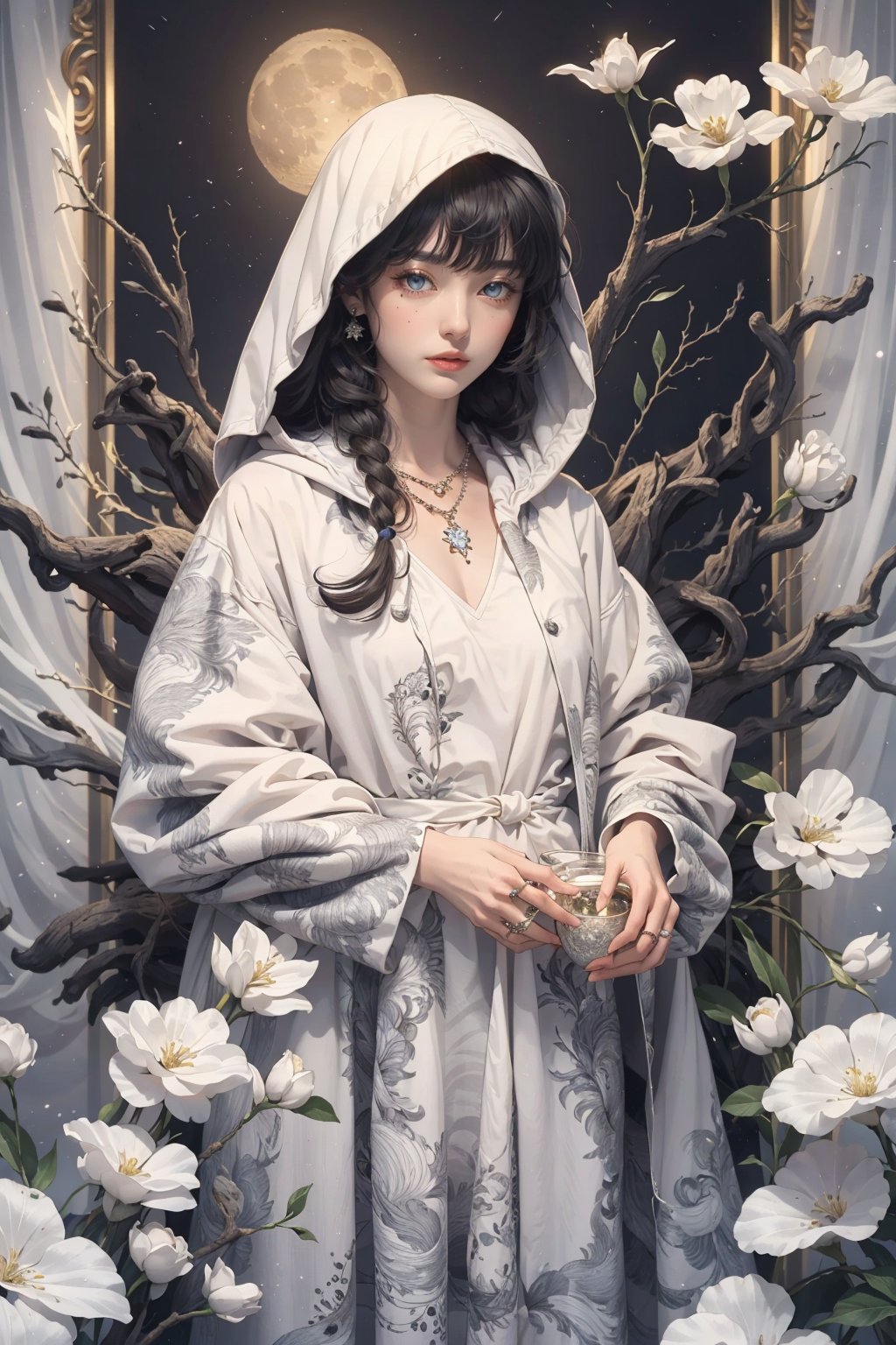 Masterpiece, illustration, 8K wallpaper, super detailed, upper body, 1 girl, white field, holding a flower (surrounded by 3 wolves: 1.2), animal, skull, flower, solo, gray eyes, looking at the audience, white hair, white flowers, white grass, parted lips, dress, jewelry, moon, ring, long hair, bangs, long sleeves, necklace, new moon, glowing, white hooded robe, standing, hair accessories, planet, The hair between the eyes,

