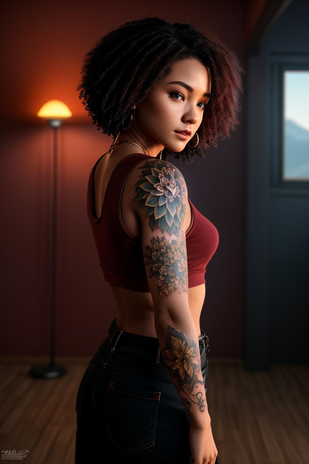 <lora:sleeve_tattoo_v2:1> masterpiece of photorealism, photorealistic highly detailed 8k photography, best hyperrealistic quality, volumetric lighting and shadows, young woman in fullsleevetattoo kitten stattoo, twist-out dark red, Volcanic Landscapes, Cinematic Dolly Zoom from High to Low