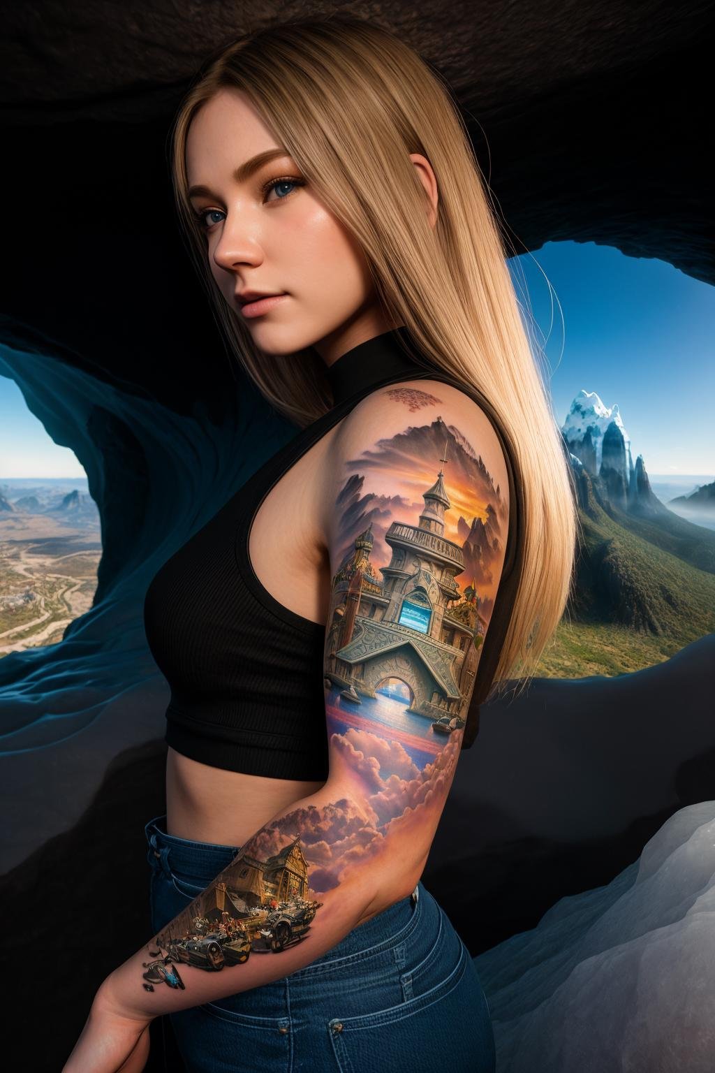 <lora:sleeve_tattoo_v2:1> masterpiece of photorealism, photorealistic highly detailed 8k photography, best hyperrealistic quality, volumetric lighting and shadows, young woman in kitten fullsleevetattoo stattoo, straight hair natural blonde, Ice Caves, Aerial View of a Dynamic Urban Intersection