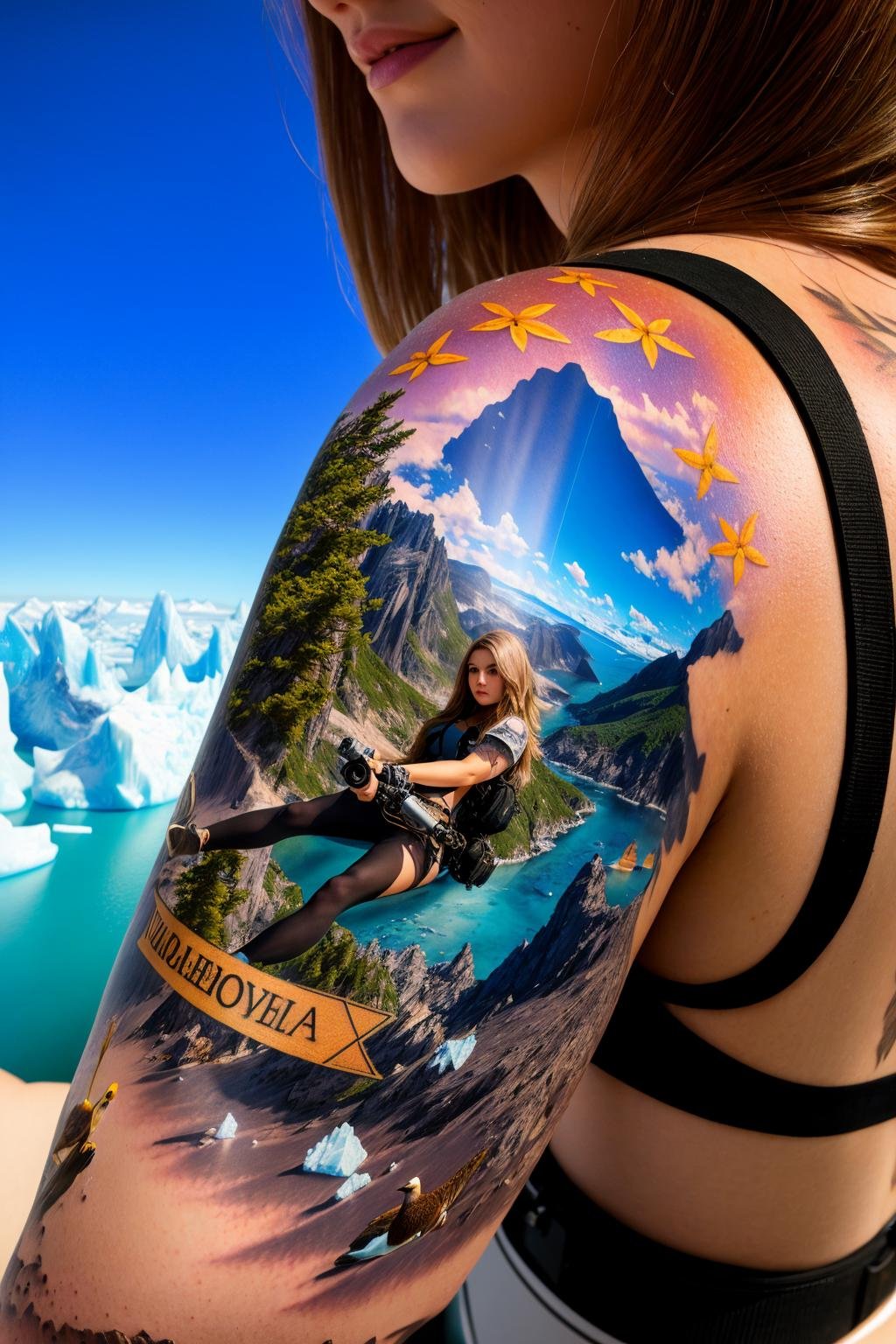 <lora:sleeve_tattoo_v2:1> masterpiece of photorealism, photorealistic highly detailed 8k photography, best hyperrealistic quality, volumetric lighting and shadows, young woman in fullsleevetattoo stattoo, bob dark blonde, Glacial Icebergs, Bird's Eye View from a Helicopter