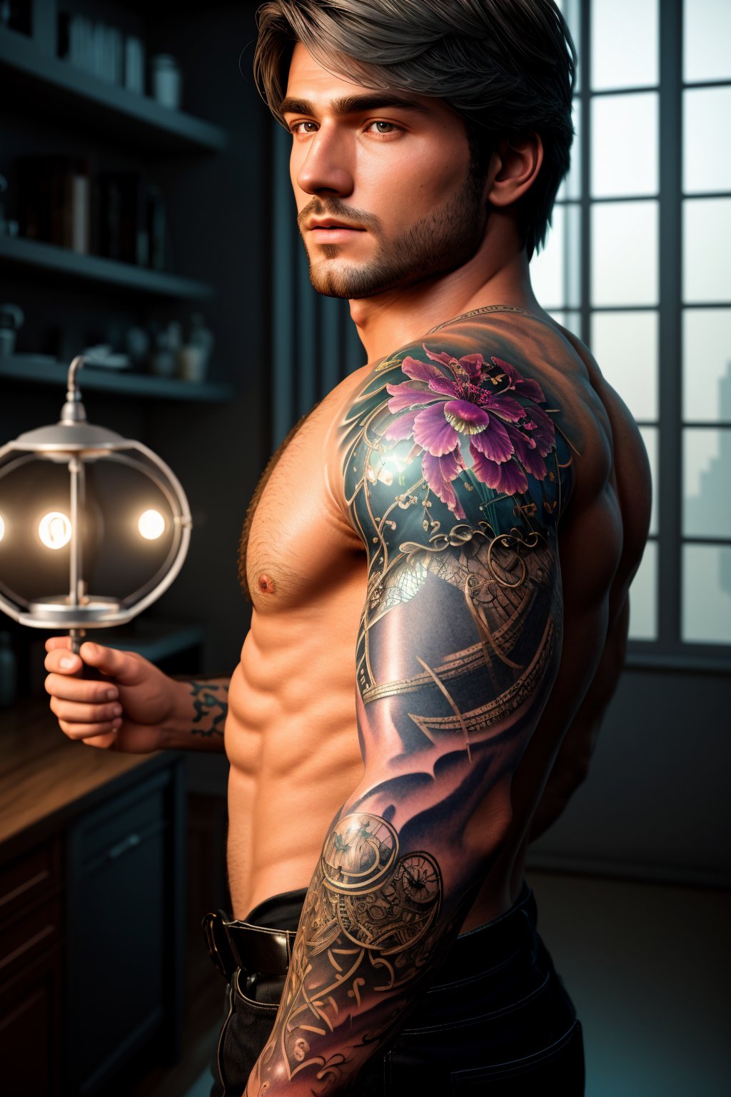 <lora:sleeve_tattoo_v2:1> masterpiece of photorealism, photorealistic highly detailed 8k photography, best hyperrealistic quality, volumetric lighting and shadows, young muscled man in fullsleevetattoo stattoo, (heart), pointy hair silver, Glowing Jellyfish Gardens, Cinematic Dolly Zoom from High to Low