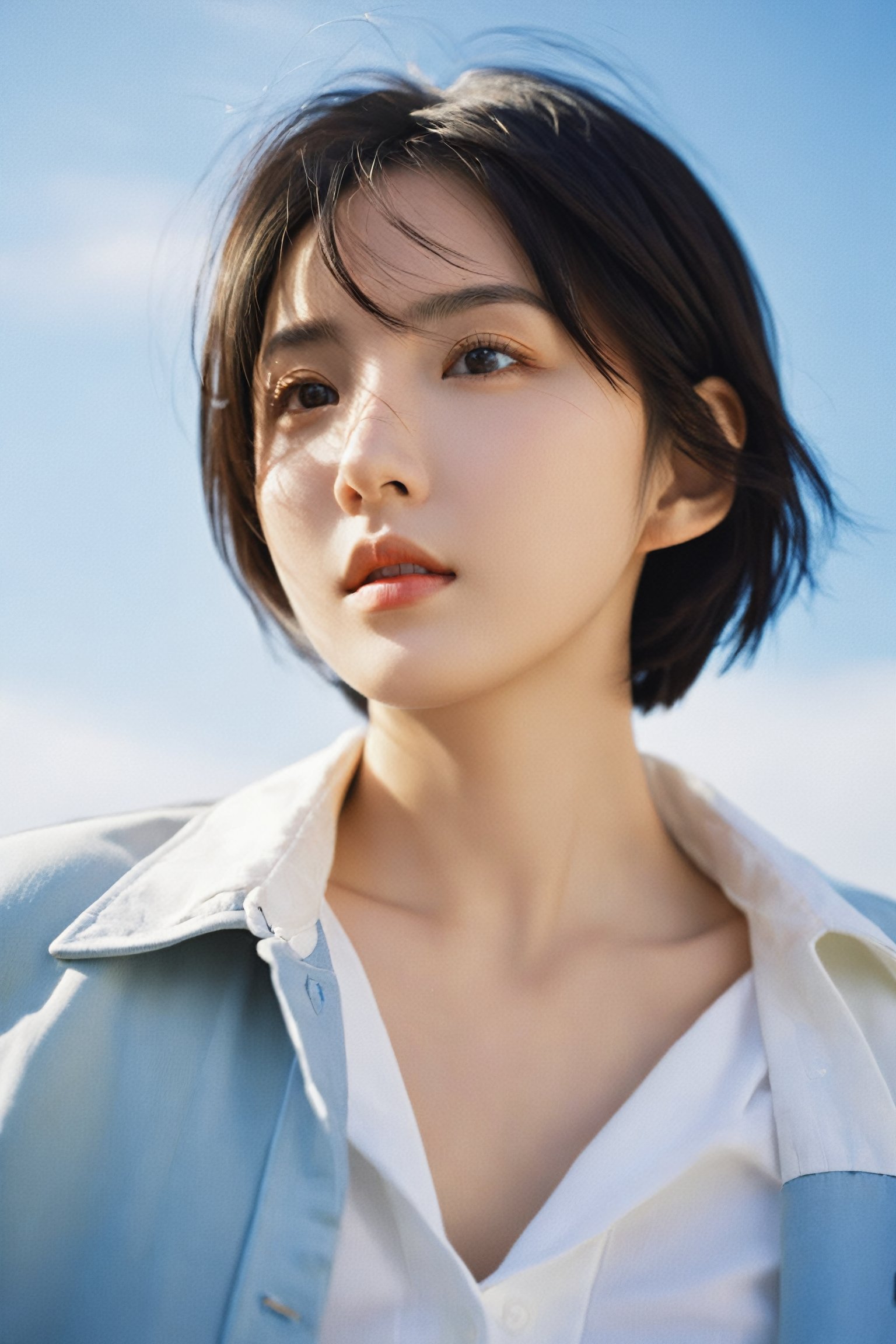  1girl, solo, blurry background, black hair, outdoors, light on face, blurry, black eyes, upper body, lips, day, sky, realistic, blue sky, shirt, white shirt, short hair, jacket, closed mouth, looking to the side, Zhenxin, best quality, photo \(medium\), realistic, (extremely detailed face:1.2), (extremely detailed eyes:1.2), epic, gorgeous, film grain, grainy, highly detailed, detailed skin texture