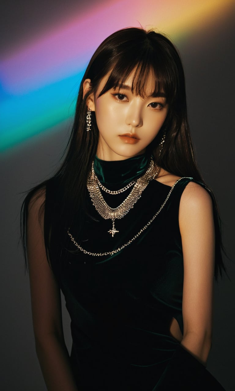  1girl, a woman in a black dress posing for a picture, “uwu the prismatic person, black light velvet poster, long straight bangs, fashion studio lighting, neck chains, lumi, broadshouldered, elle magazine, half body shot, ssao