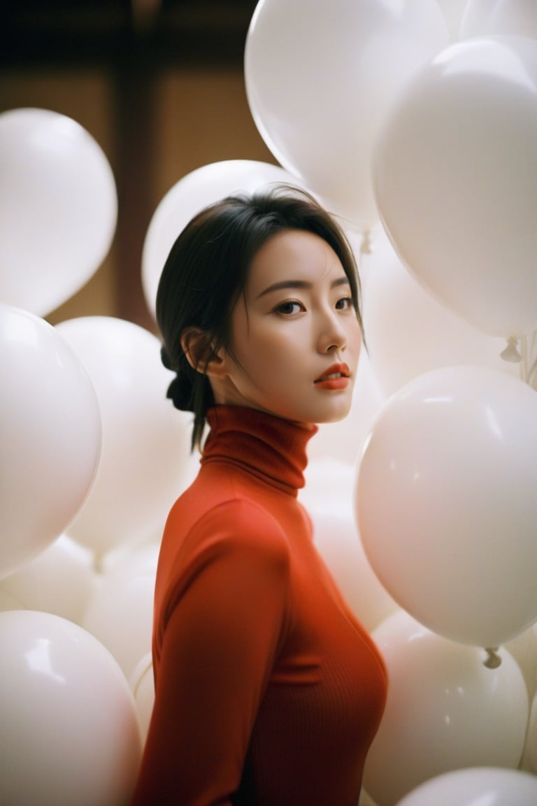  breathtaking cinematic film still,Cowboy_Shot,blouse,a cinematic fashion portrait photo of beautiful young woman from the 90s wearing a red turtleneck standing in the middle of a ton of white balloons,dramatic lighting,taken on a hasselblad medium format camera,looks like liuyifei,white balloon,shallow depth of field,vignette,highly detailed,high budget,bokeh,cinemascope,moody,epic,gorgeous,film grain,grainy . award-winning,professional,highly detailed,sc,monkren,, monkren