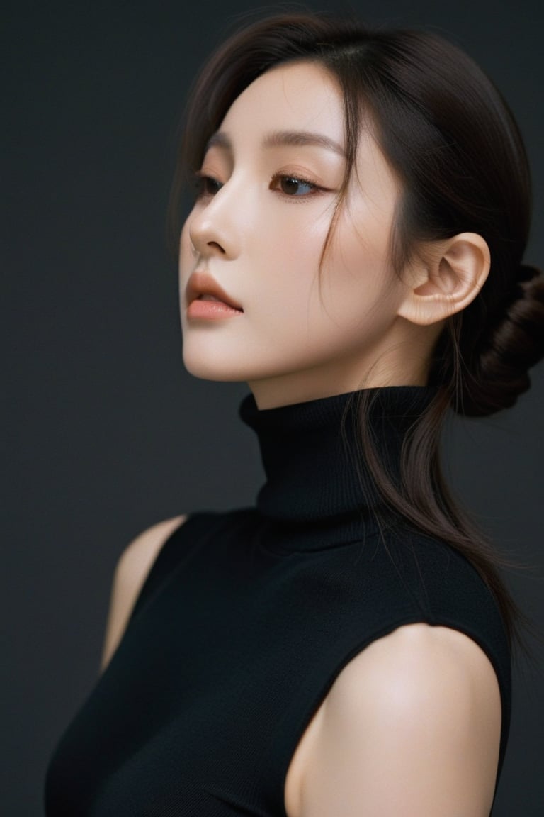  long curl hair,profile picture,goddess of dust,a woman in black turtle neck top,featured on cg society,inspired by henri fantin-latour,popular korean makeup,dark pastel colors,black hairs,wearing light,cinematic style photograph,shoulders can be seen,tight bun,wearing beanie, monkren