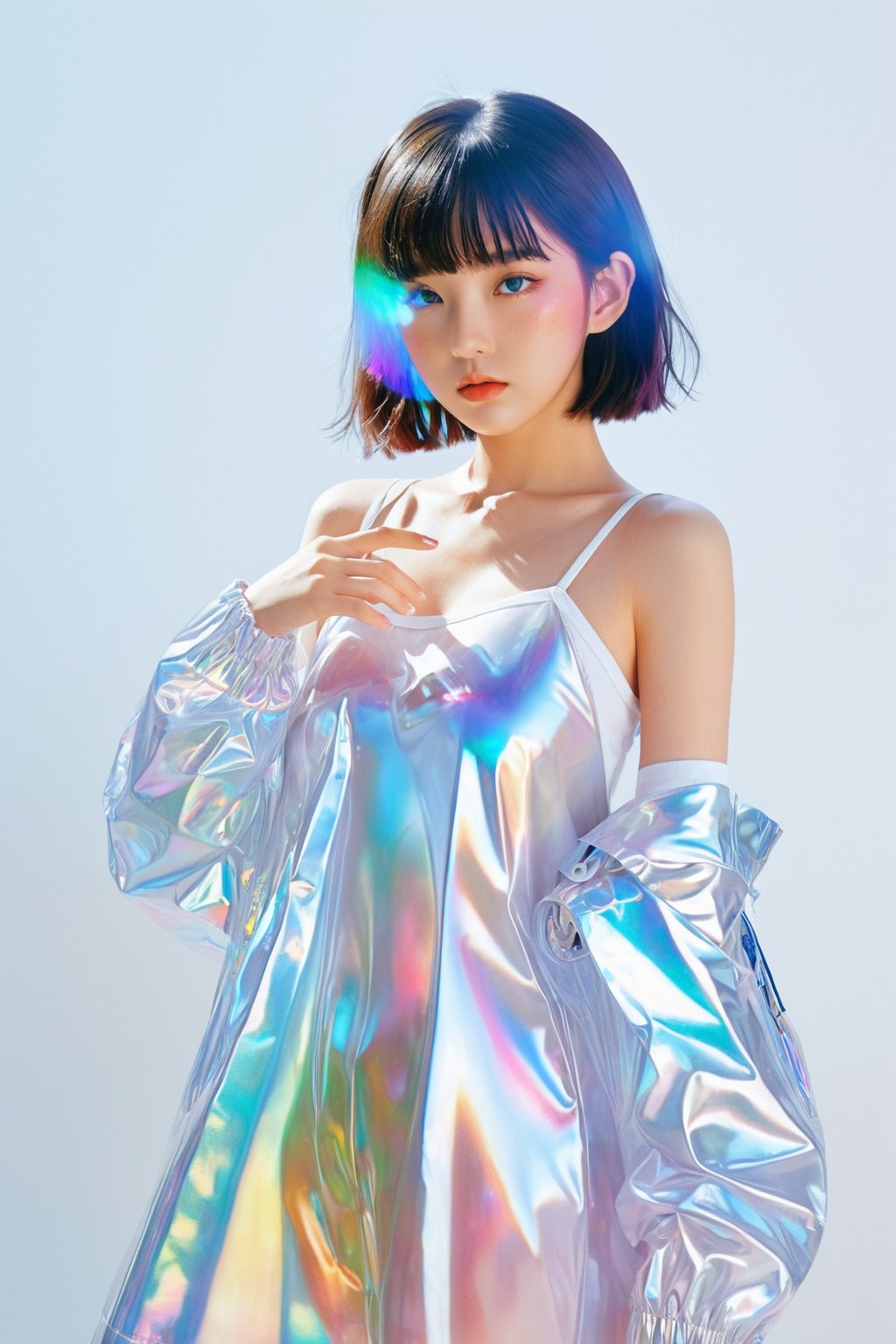  transparent color PVC clothing, transparent color vinyl clothing, prismatic, holographic, chromatic aberration, fashion illustration, masterpiece, girl with harajuku fashion, looking at viewer, 8k, ultra detailed, pixiv
