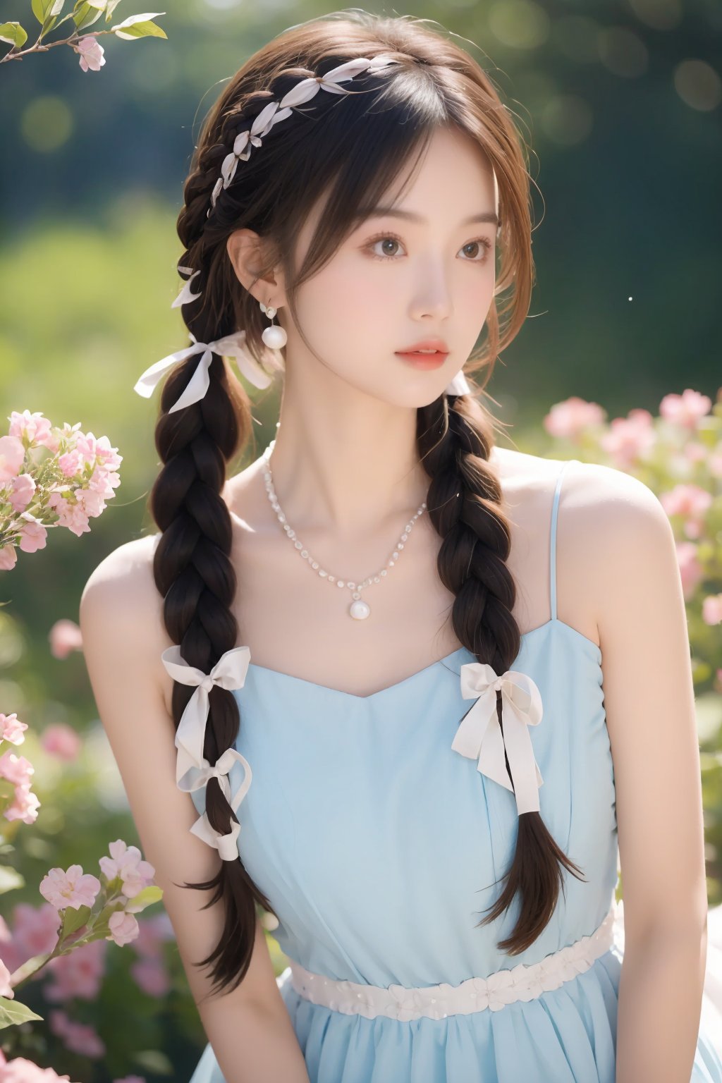 tm, 1girl, braid, twin braids, jewelry, solo, blurry background, branch, upper body, necklace, blurry, ribbon, long hair, hair ribbon, earrings, white ribbon, flower, brown hair, parted lips, dress, looking to the side, hair ornament, pearl necklace, black hair, bare shoulders, twintails, realistic, blue dress,moyou