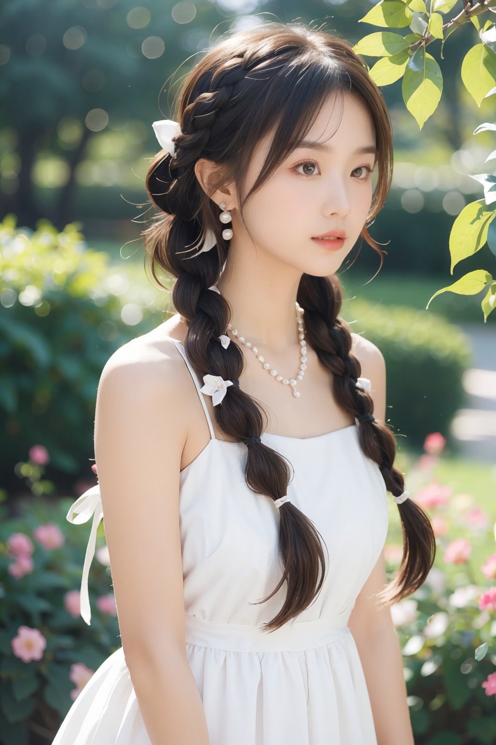 tm, 1girl, braid, twin braids, jewelry, solo, blurry background, branch, upper body, necklace, blurry, ribbon, long hair, hair ribbon, earrings, white ribbon, flower, brown hair, parted lips, dress, looking to the side, hair ornament, pearl necklace, black hair, bare shoulders, twintails, realistic, blue dress,moyou