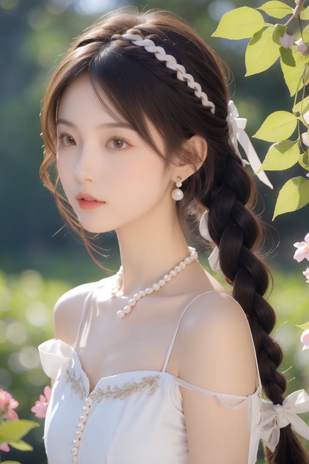 tm, 1girl, braid, twin braids, jewelry, solo, blurry background, branch, upper body, necklace, blurry, ribbon, long hair, hair ribbon, earrings, white ribbon, flower, brown hair, parted lips, dress, looking to the side, hair ornament, pearl necklace, black hair, bare shoulders, twintails, realistic, blue dress,moyou