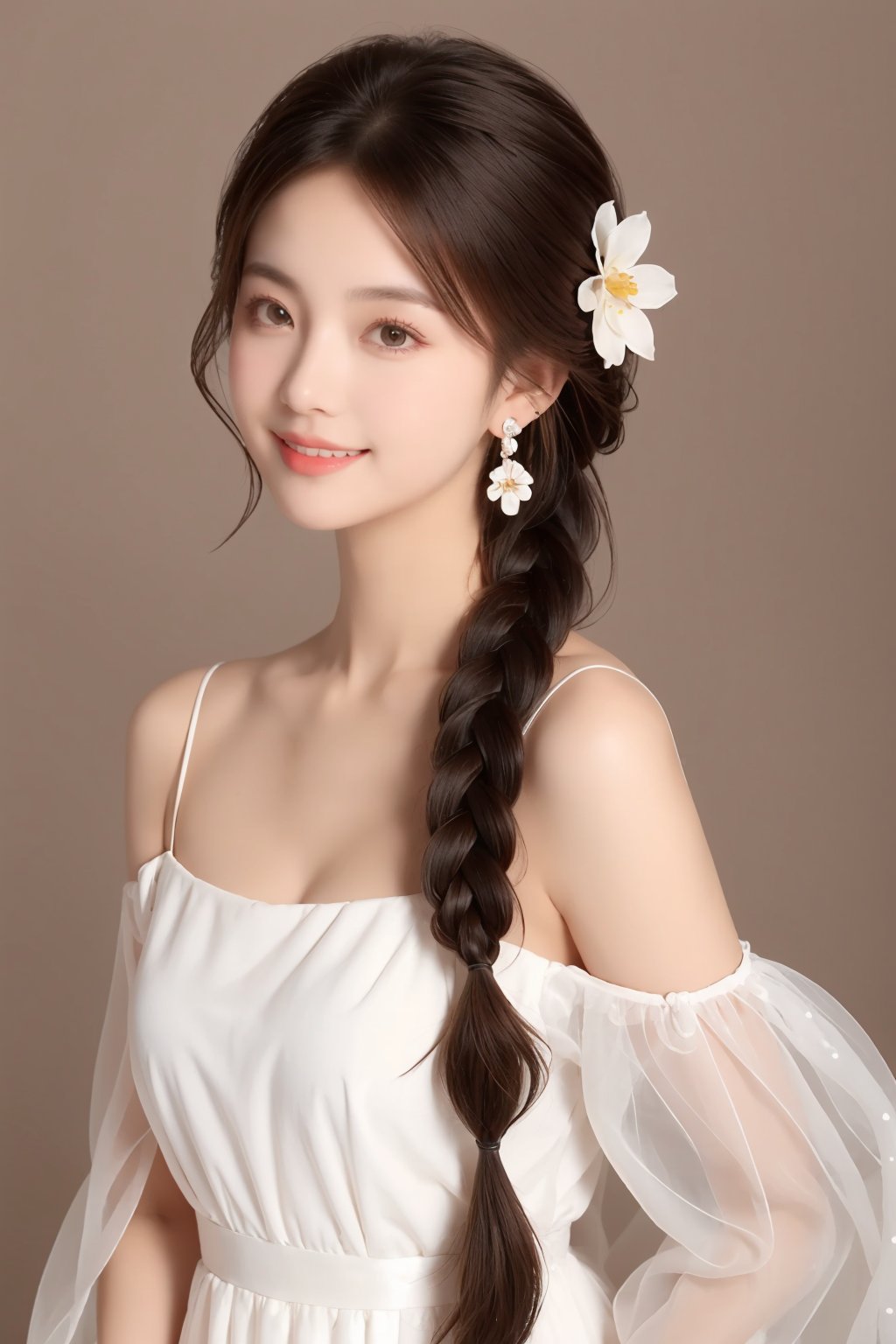 tm, 1girl, solo, dress, earrings, jewelry, long hair, braid, flower, black hair, white dress, realistic, looking at viewer, hair over shoulder, see-through, smile, upper body, hair ornament, lips, hair flower, brown eyes, bare shoulders, simple background, collarbone, single braid