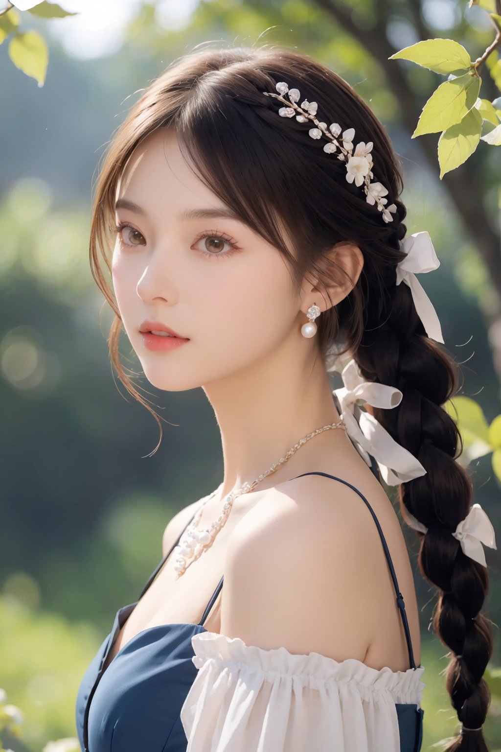 tm, 1girl, braid, twin braids, jewelry, solo, blurry background, branch, upper body, necklace, blurry, ribbon, long hair, hair ribbon, earrings, white ribbon, flower, brown hair, parted lips, dress, looking to the side, hair ornament, pearl necklace, black hair, bare shoulders, twintails, realistic, blue dress