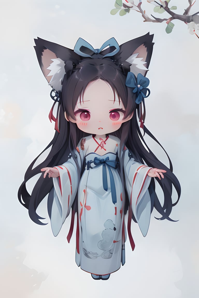 (best quality,  masterpiece:1.4),  extremelydetails 8K unity CG wallpaper,  unity,  official art, original,  (ink painting style:1.3), a cute girl, ((background blank:1.5)), (Chibi:1.2),  hanfu, fox ears, cleavage, (Blue bow belt), 黑色頭髮, ((scared expression)),  ((nervous)),<lora:EMS-164615-EMS:0.500000>,<lora:EMS-202094-EMS:0.700000>,<lora:EMS-50854-EMS:0.700000>