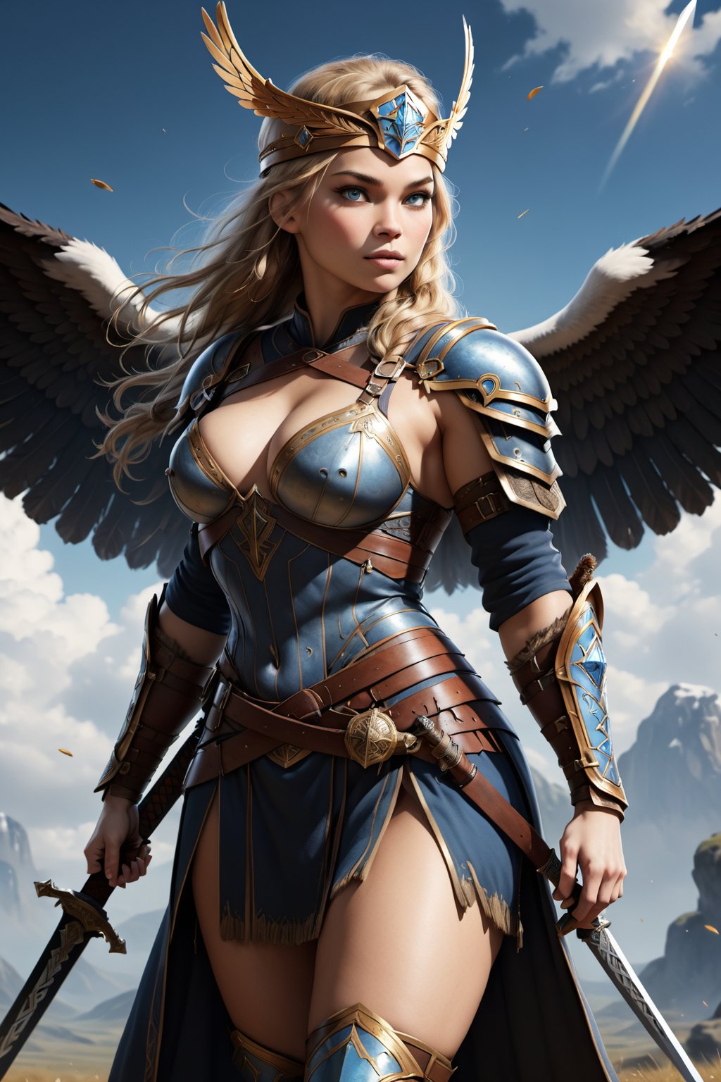 8k wallpaper, awesome, (((masterpiece))), (((best quality))), ((ultra detailed)), (illustration),

Valkyrie, holding 1 sword in right hand,