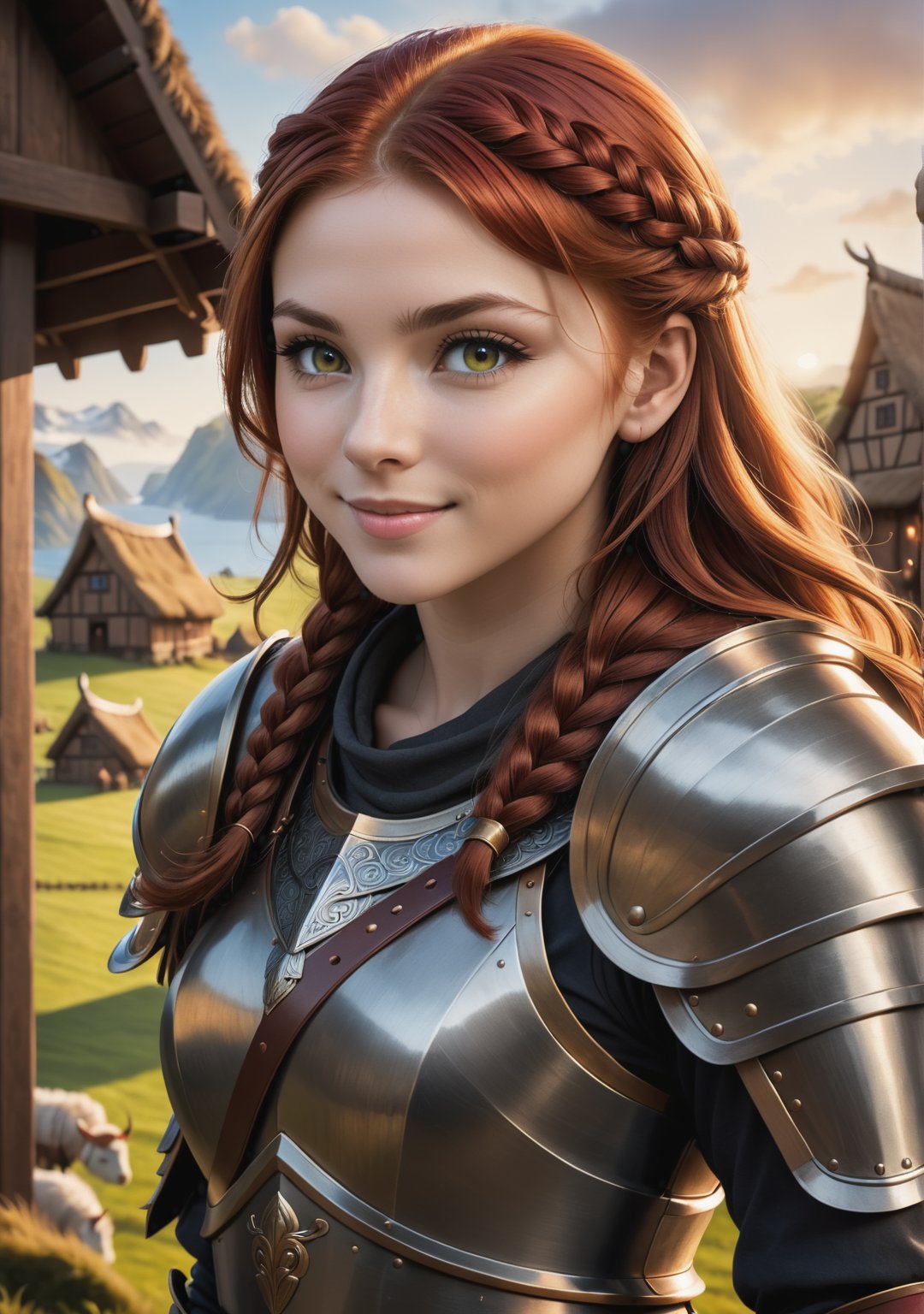 Cute girl,  looks at viewer over shoulder,  smiles sheepishly,  profile view,  redhead,  armor,  epic viking village background, maximum image texture,  best quality UHD 16k,  best quality,  masterpiece,  Ultra detailed,  very high definition,  extremely delicate and beautiful,  more contrast,  high contrast8k wallpaper,  awesome,  (masterpiece,  photorealistic:1.5),  (((best quality))),  ((ultra detailed)),  (illustration),  dynamic angle,<lora:EMS-202412-EMS:0.550000>