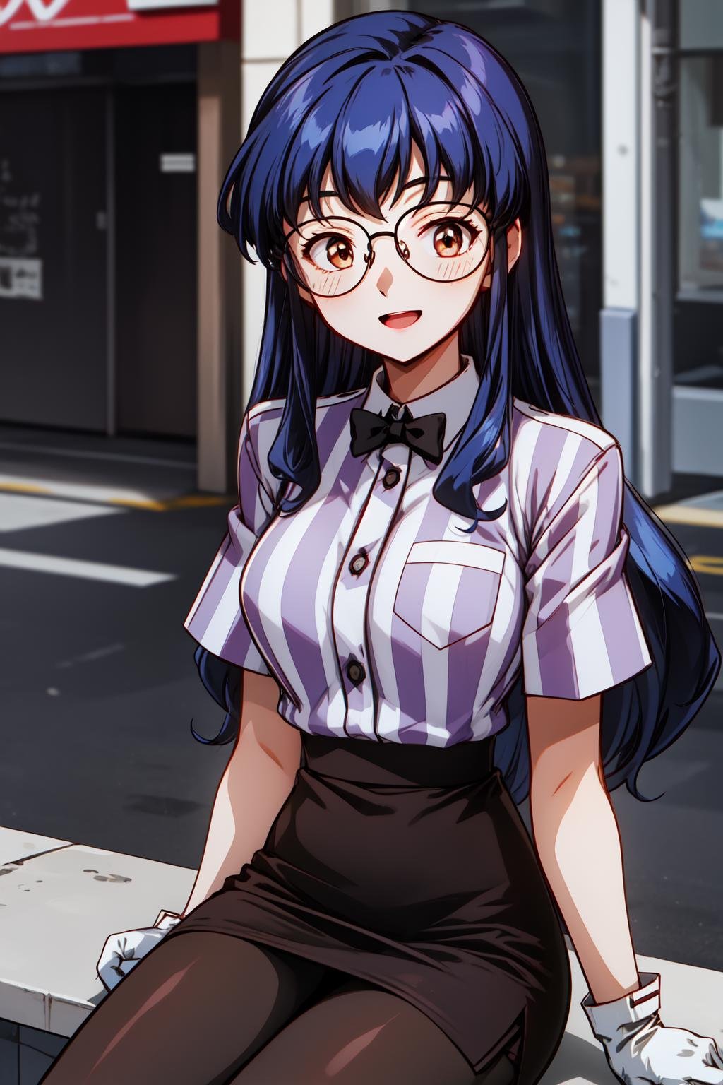 1girl, street, outdoors, smile, open mouth, sitting, vg_kaori, brown eyes, blue hair, long hair, bangs, glasses, black bowtie, white gloves, striped shirt, short sleeves, collared shirt, pencil skirt, (black skirt:1.2), brown pantyhose, <lora:VG_kaori_lora_ver1:0.7>, best quality, masterpiece, highres, <lora:GoodHands-vanilla:1>